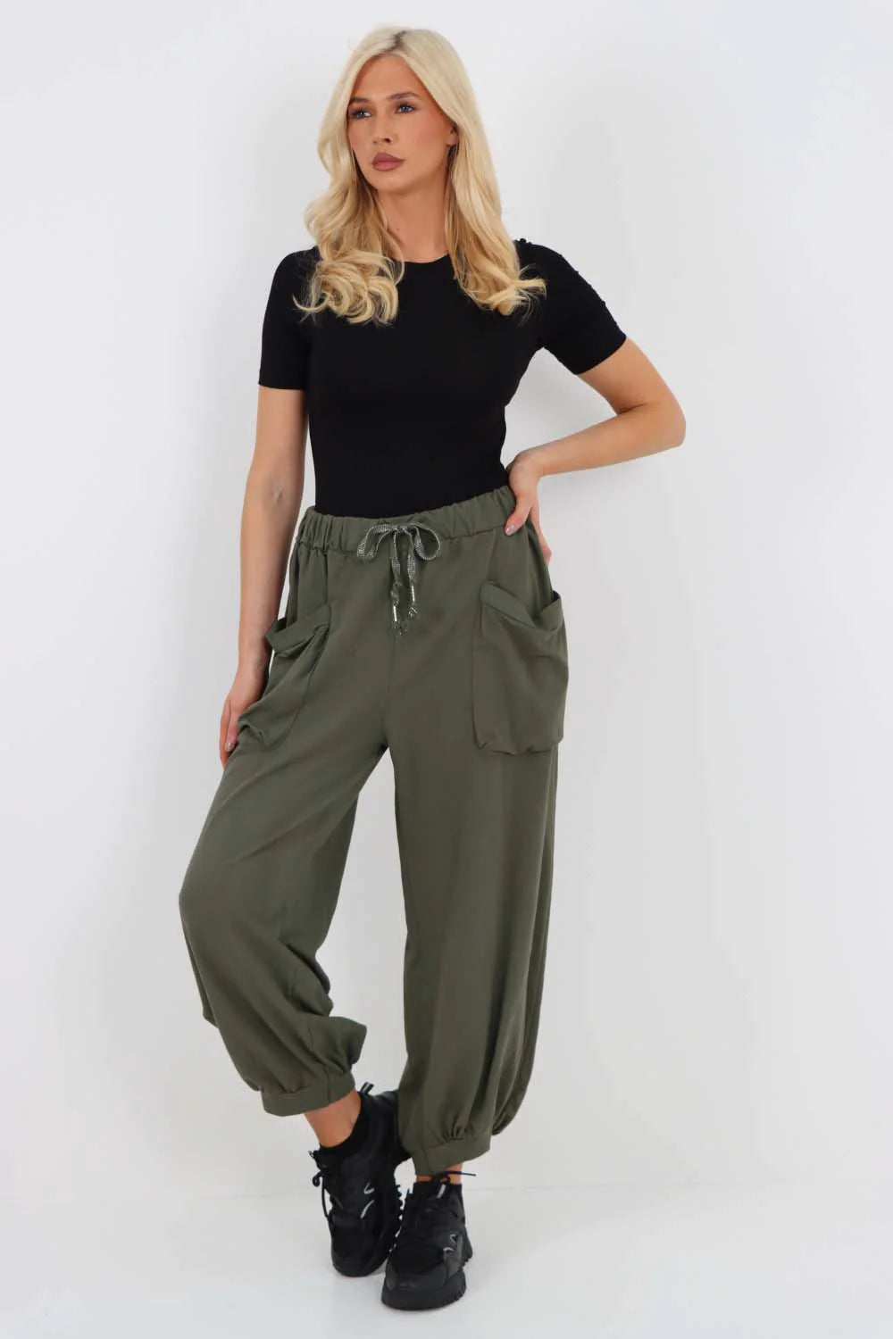 Italian Drawstring Cotton Harem Trousers With Side Pockets - Khaki