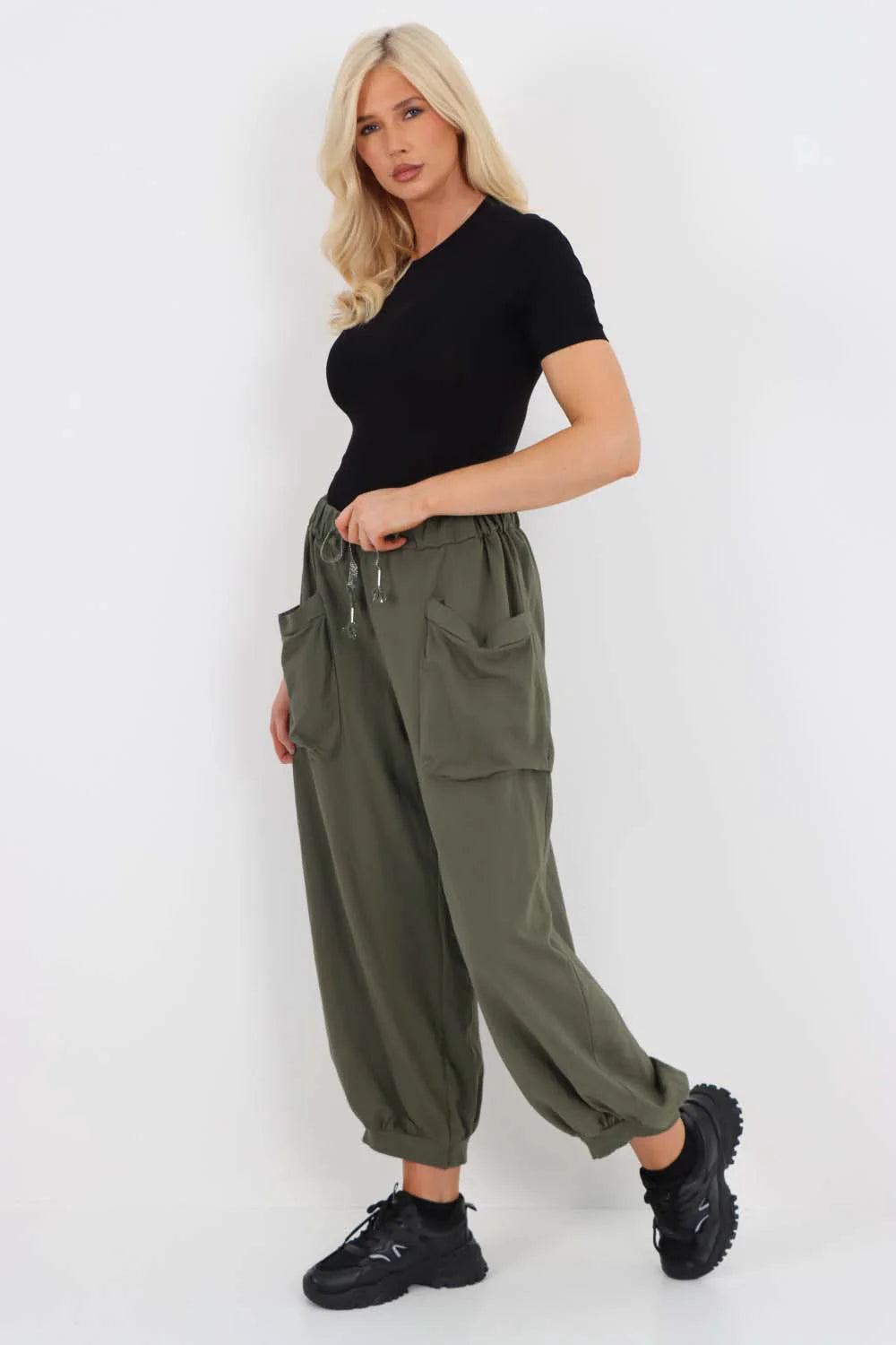 Italian Drawstring Cotton Harem Trousers With Side Pockets - Khaki