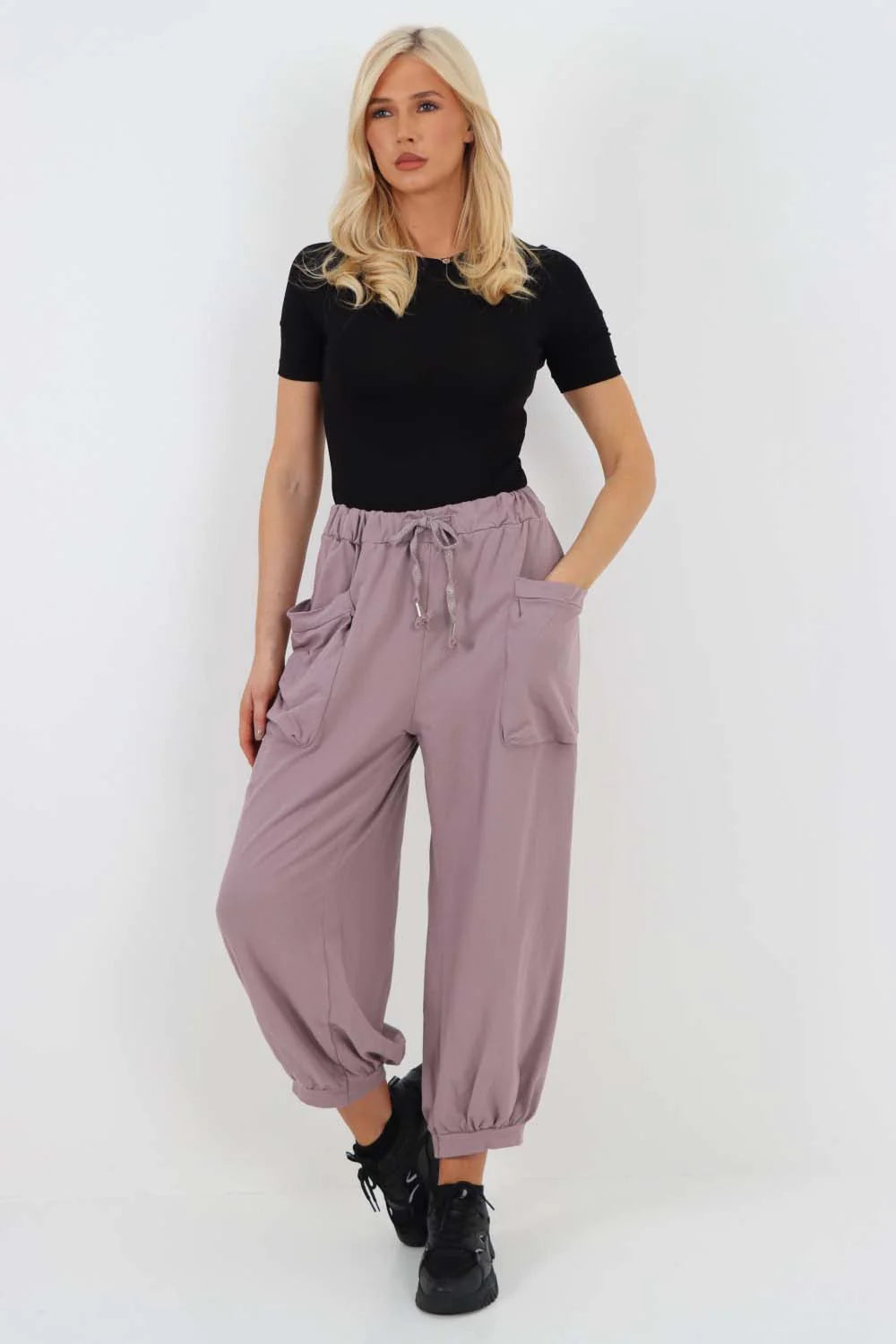 Italian Drawstring Cotton Harem Trousers With Side Pockets - Lilac