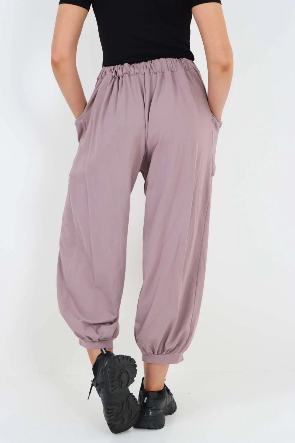 Italian Drawstring Cotton Harem Trousers With Side Pockets - Lilac