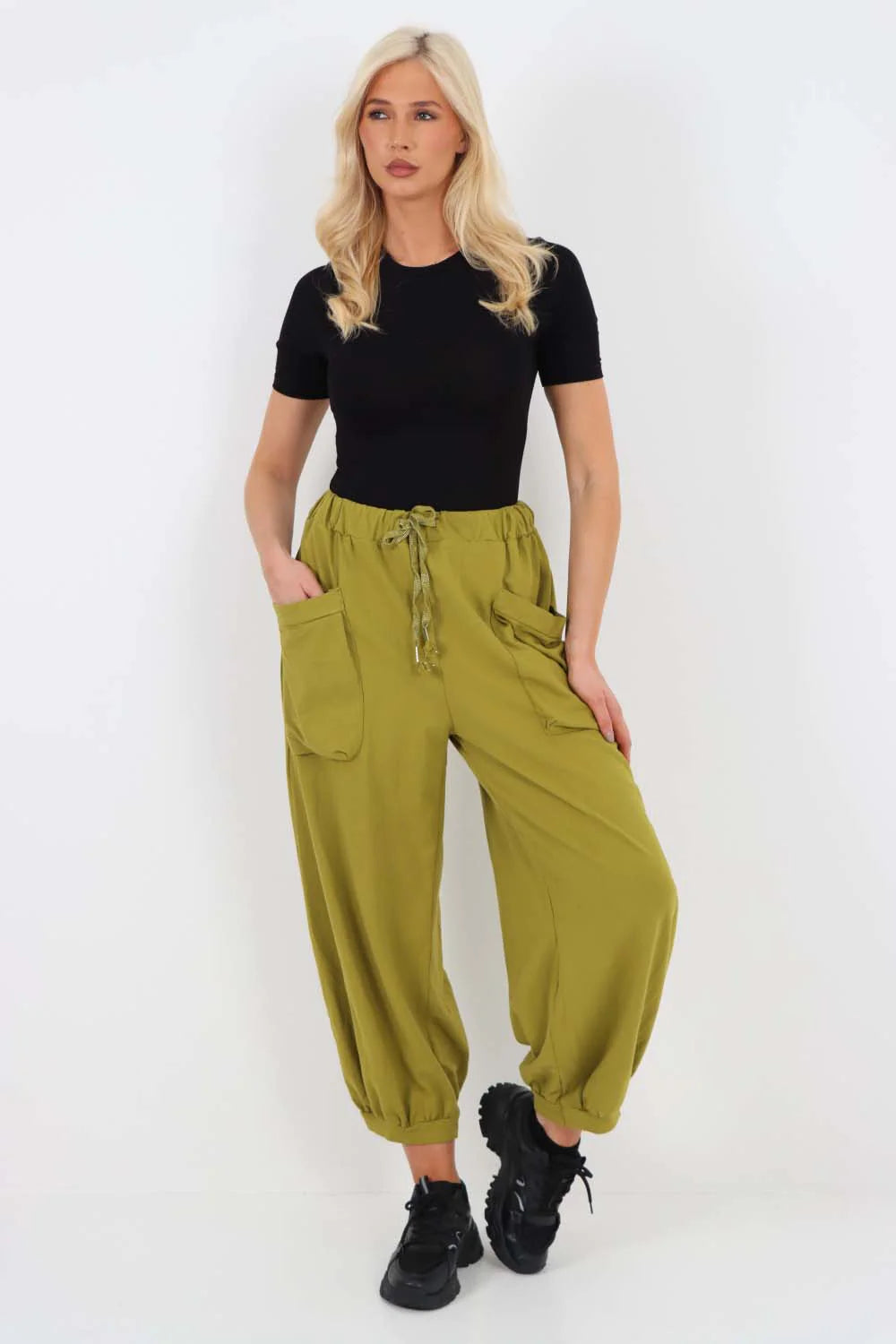 Italian Drawstring Cotton Harem Trousers With Side Pockets - Lime Green