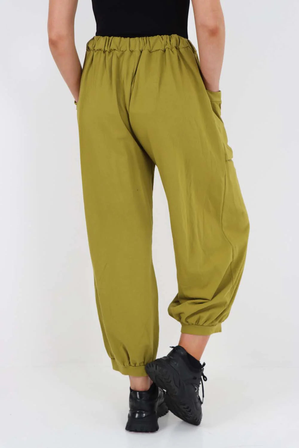 Italian Drawstring Cotton Harem Trousers With Side Pockets - Lime Green