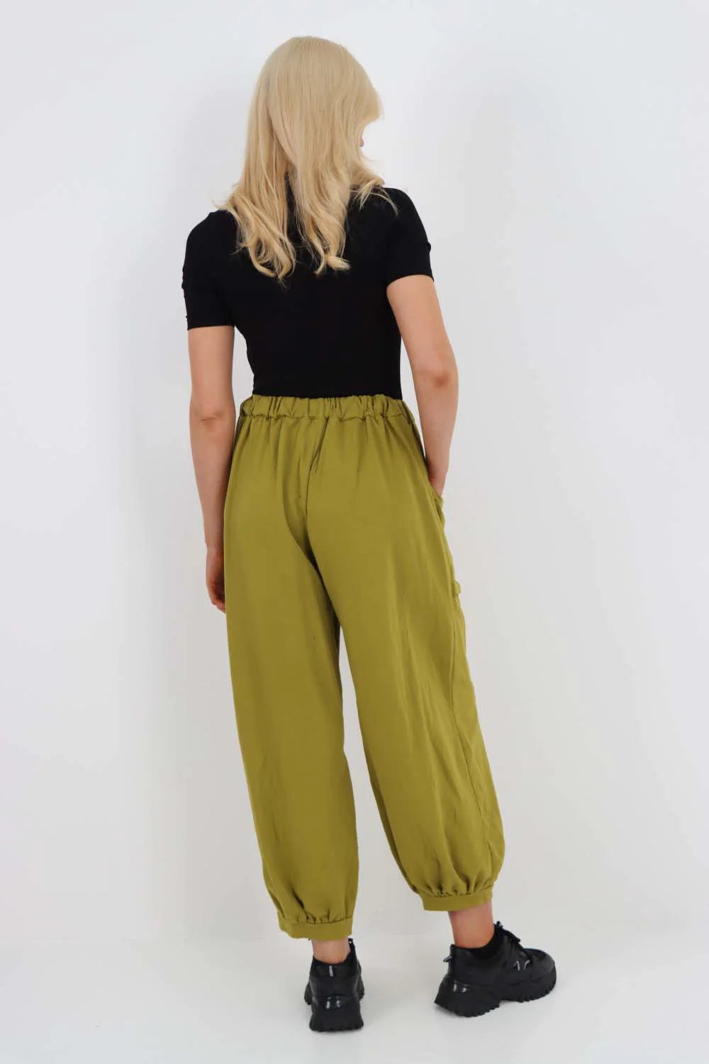 Italian Drawstring Cotton Harem Trousers With Side Pockets - Lime Green