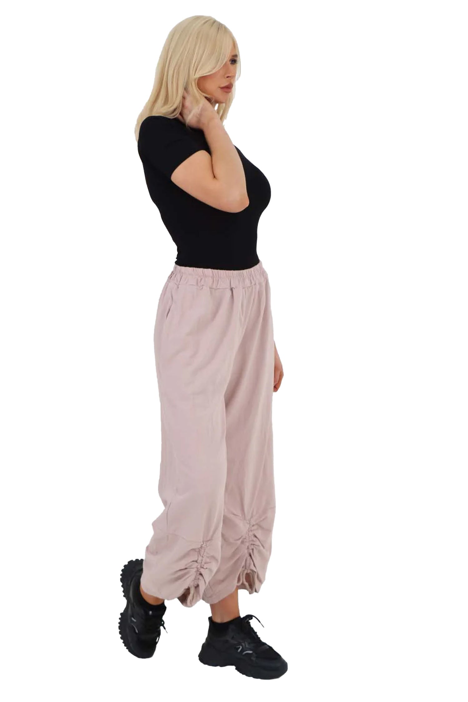 Italian Drawstring Hem Cotton Trousers With Side Pockets - Baby Pink