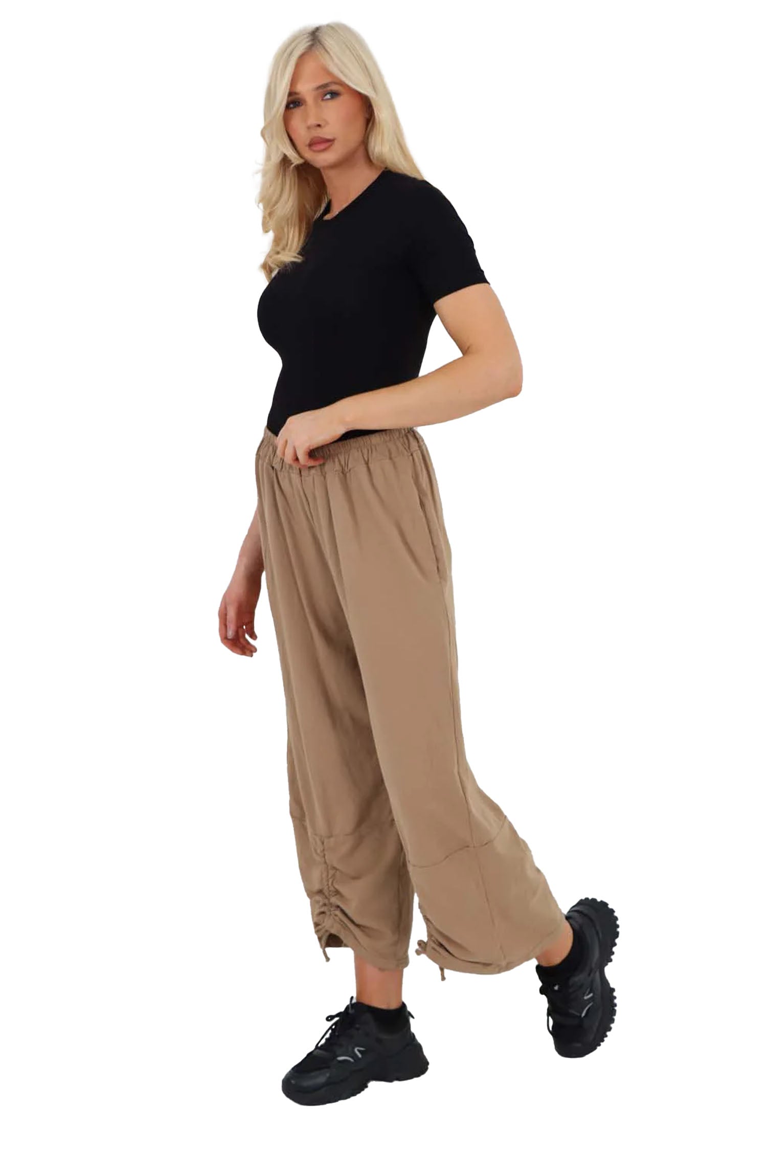 Italian Drawstring Hem Cotton Trousers With Side Pockets - Beige