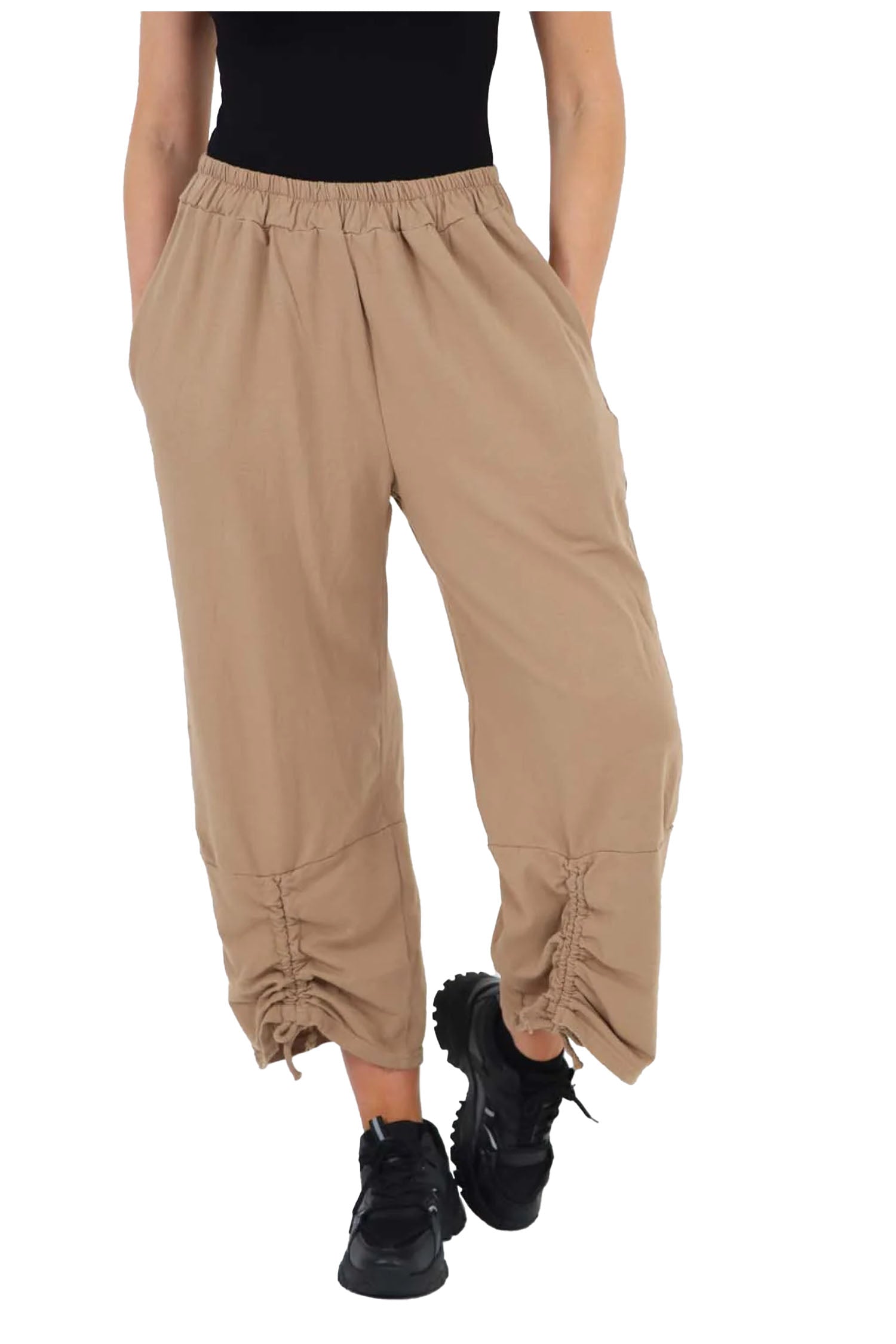 Italian Drawstring Hem Cotton Trousers With Side Pockets - Beige