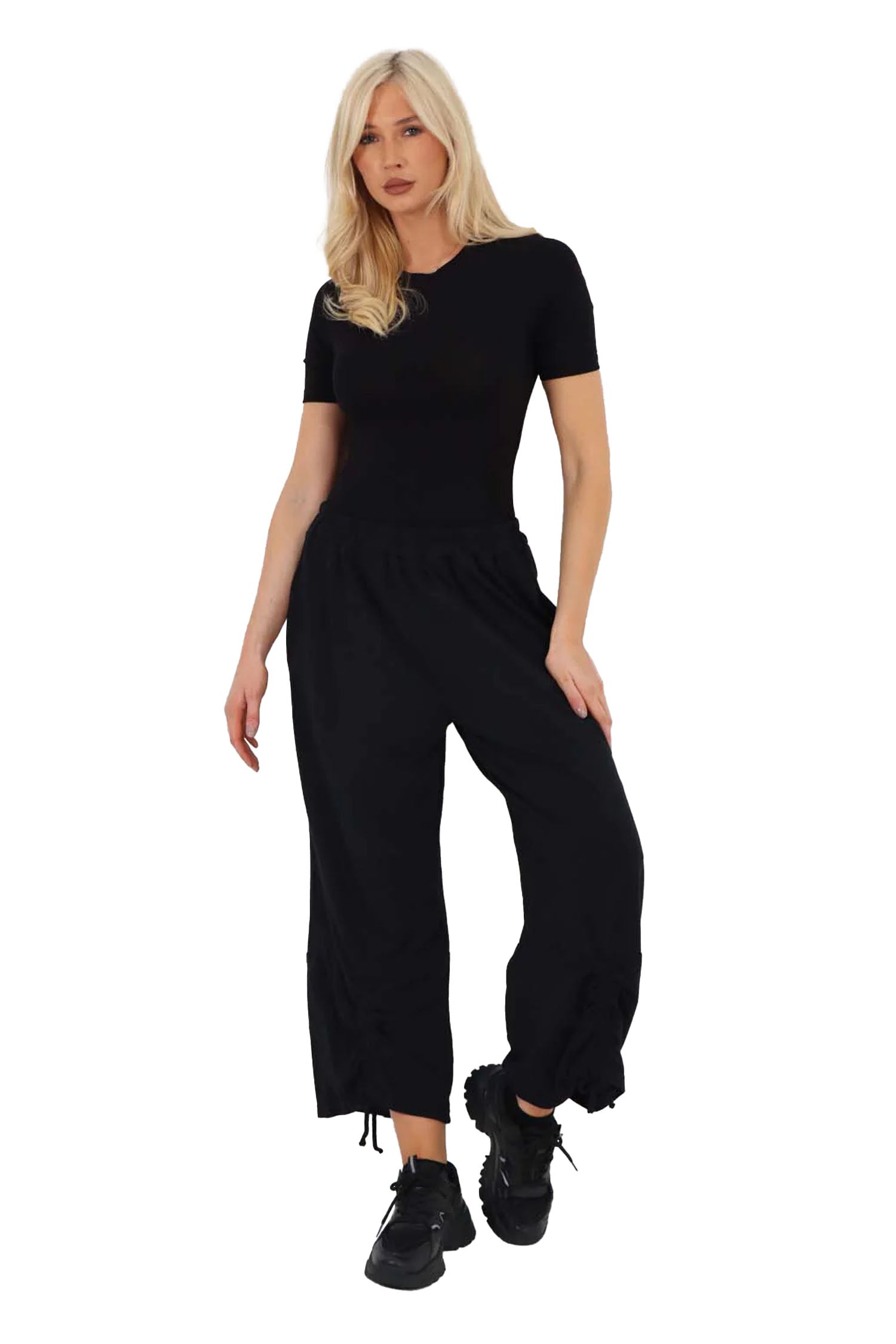 Italian Drawstring Hem Cotton Trousers With Side Pockets - Black