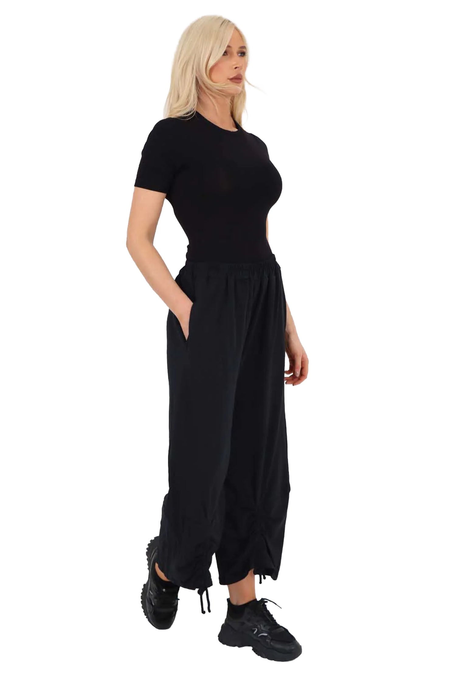 Italian Drawstring Hem Cotton Trousers With Side Pockets - Black