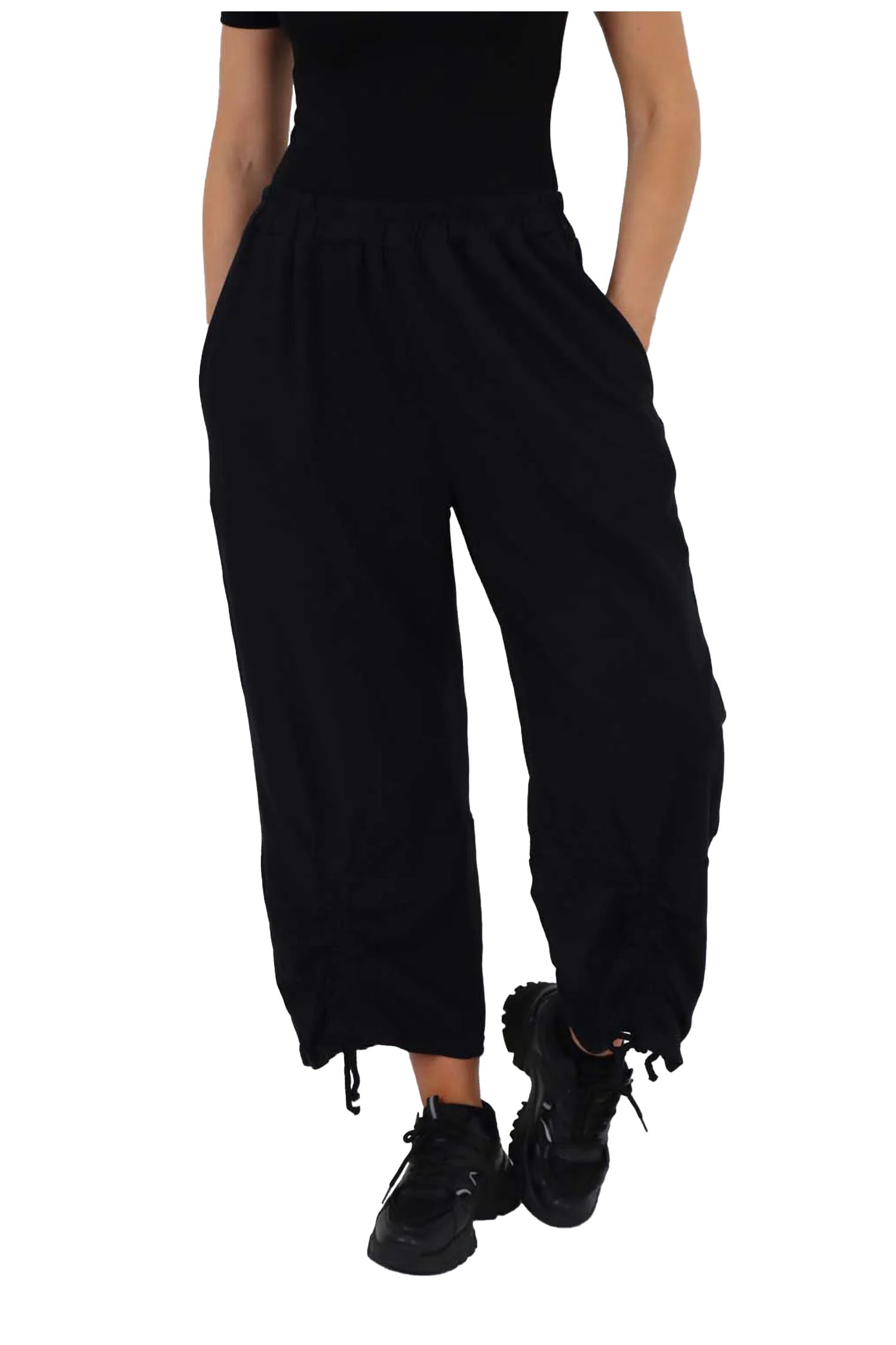 Italian Drawstring Hem Cotton Trousers With Side Pockets - Black