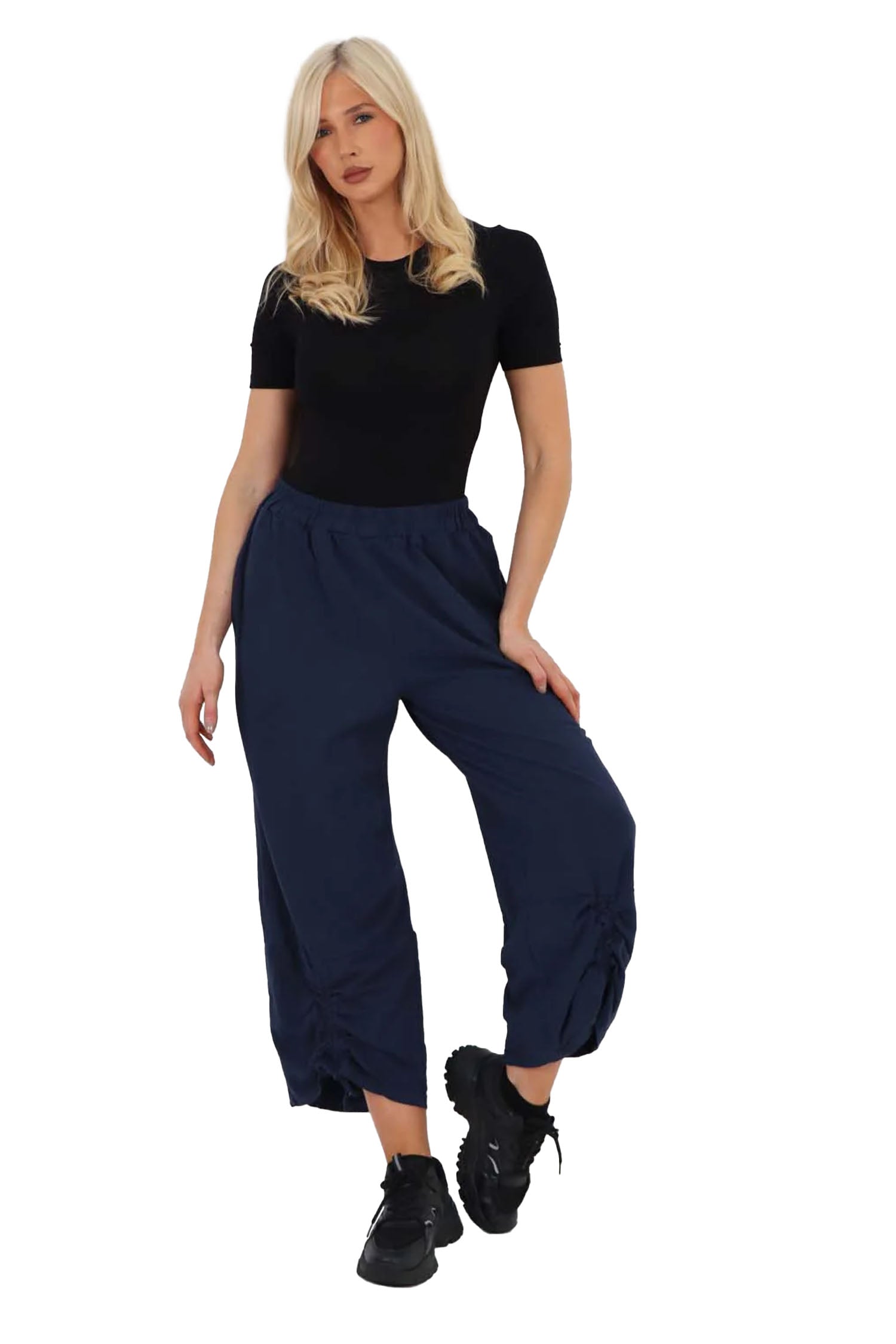 Italian Drawstring Hem Cotton Trousers With Side Pockets - Blue