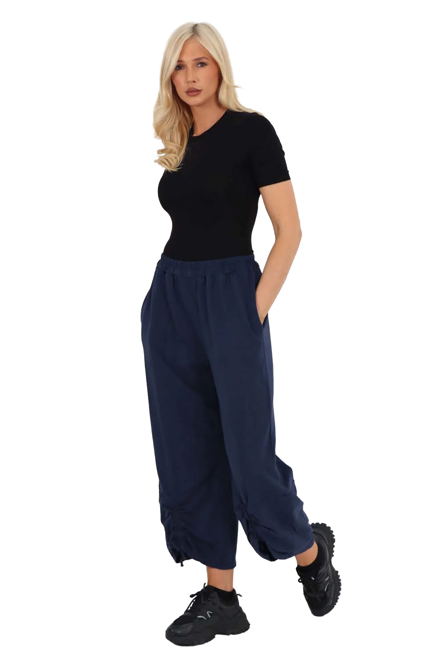 Italian Drawstring Hem Cotton Trousers With Side Pockets - Blue