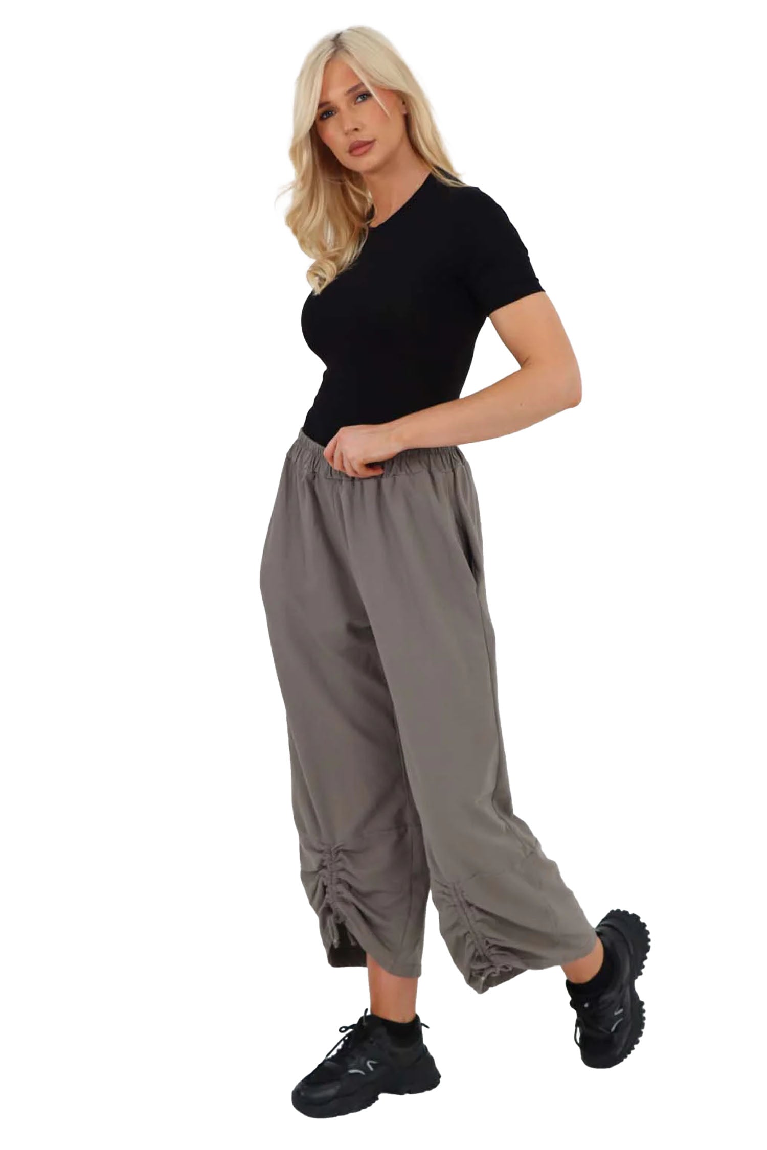 Italian Drawstring Hem Cotton Trousers With Side Pockets - Charcoal