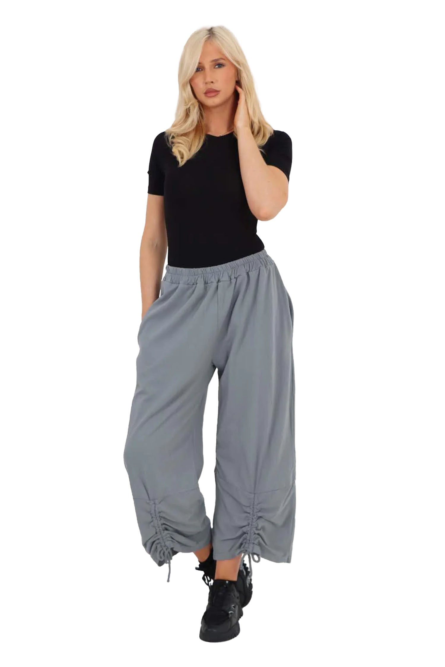 Italian Drawstring Hem Cotton Trousers With Side Pockets - Dark Grey