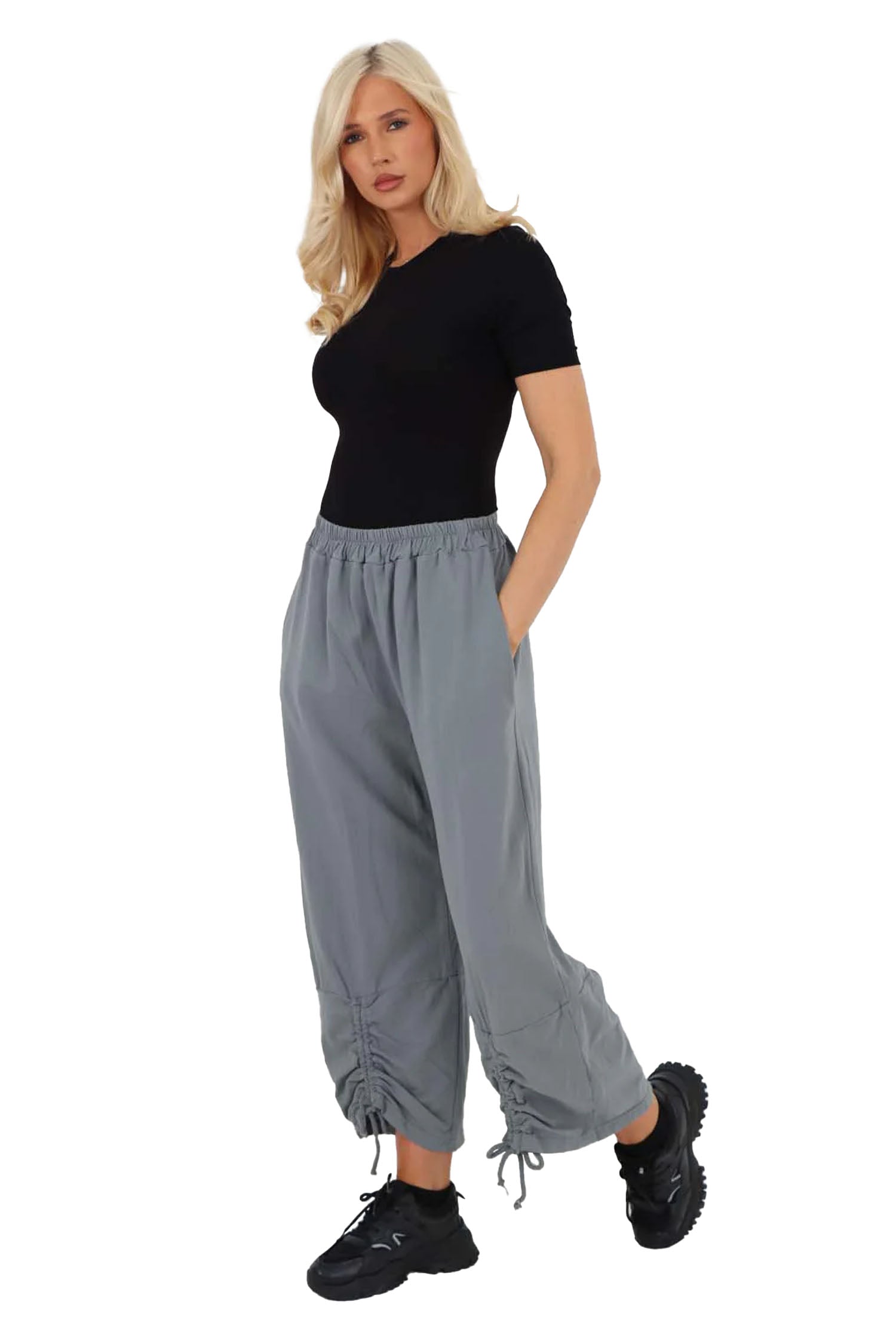 Italian Drawstring Hem Cotton Trousers With Side Pockets - Dark Grey