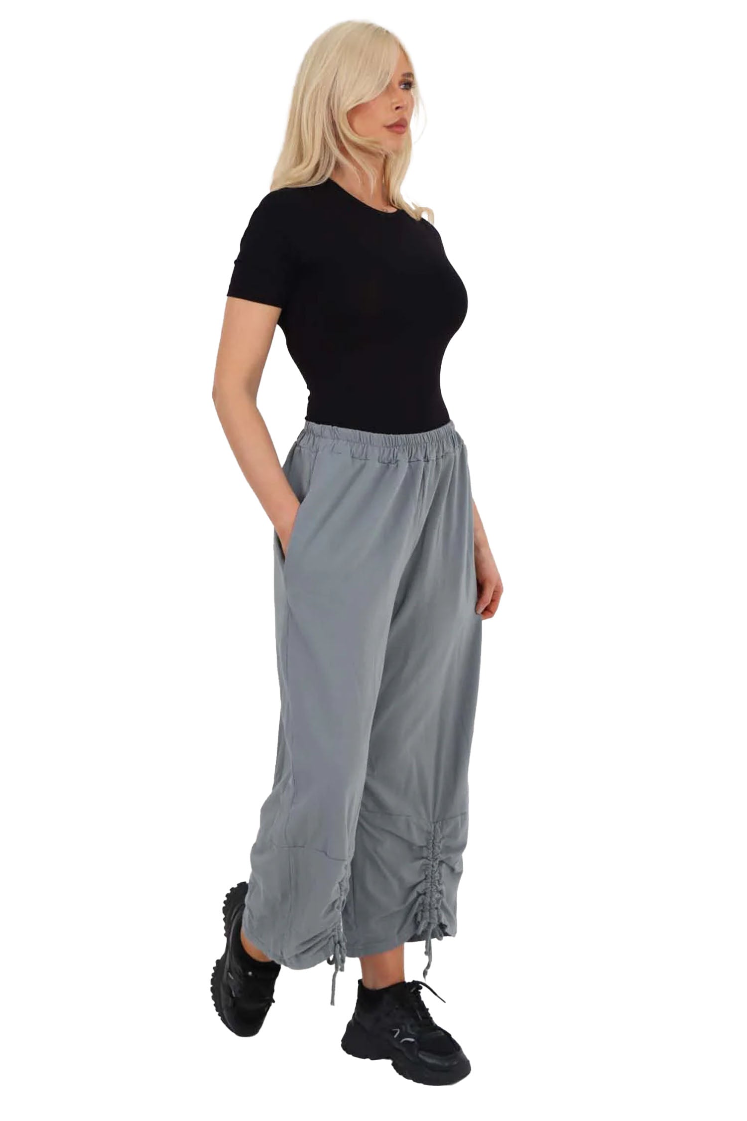 Italian Drawstring Hem Cotton Trousers With Side Pockets - Dark Grey