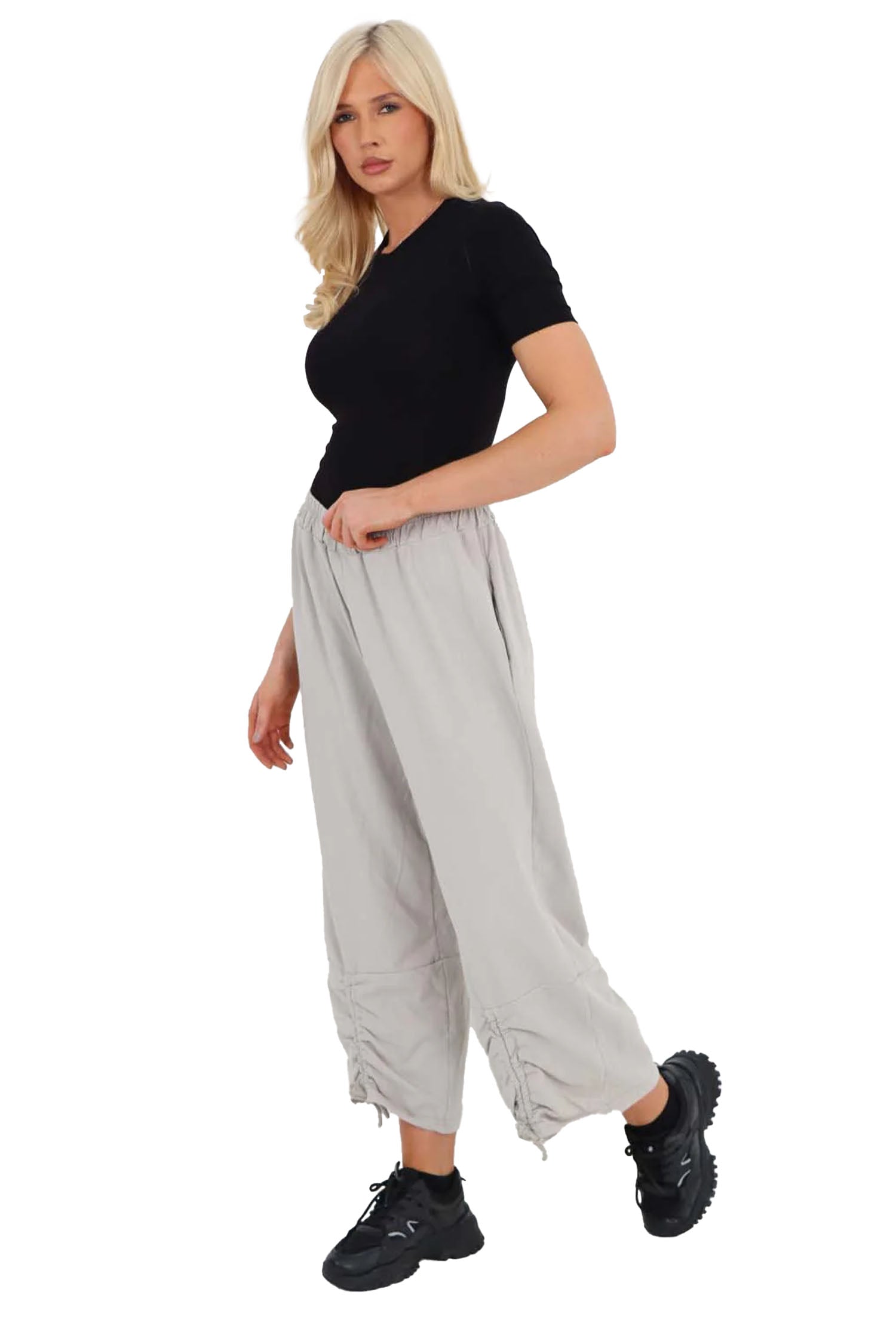 Italian Drawstring Hem Cotton Trousers With Side Pockets - Grey