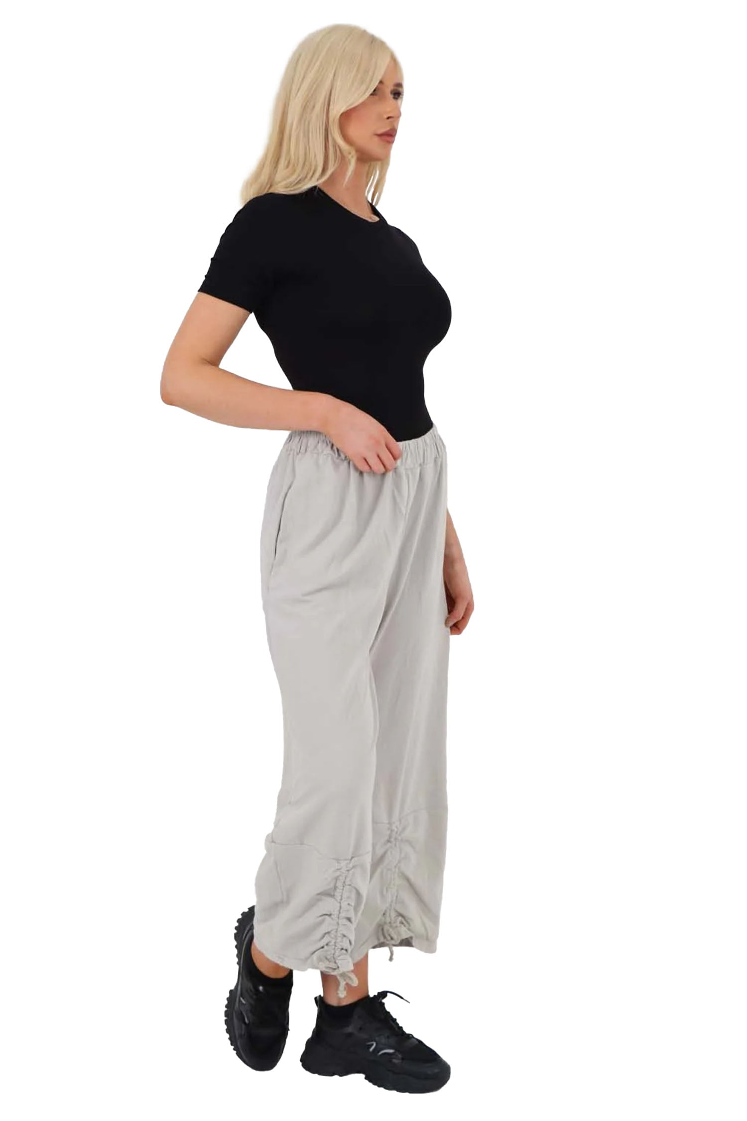 Italian Drawstring Hem Cotton Trousers With Side Pockets - Grey