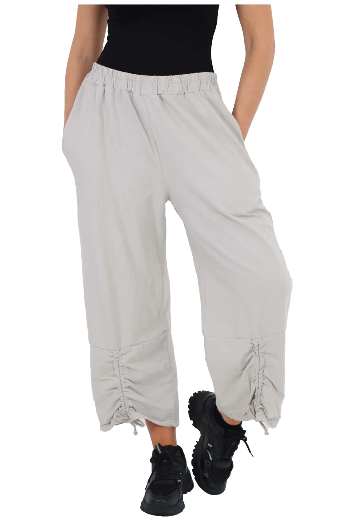 Italian Drawstring Hem Cotton Trousers With Side Pockets - Grey