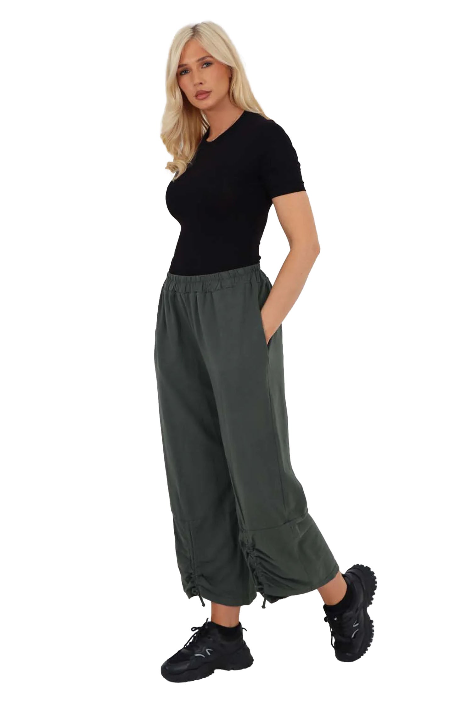 Italian Drawstring Hem Cotton Trousers With Side Pockets - Khaki