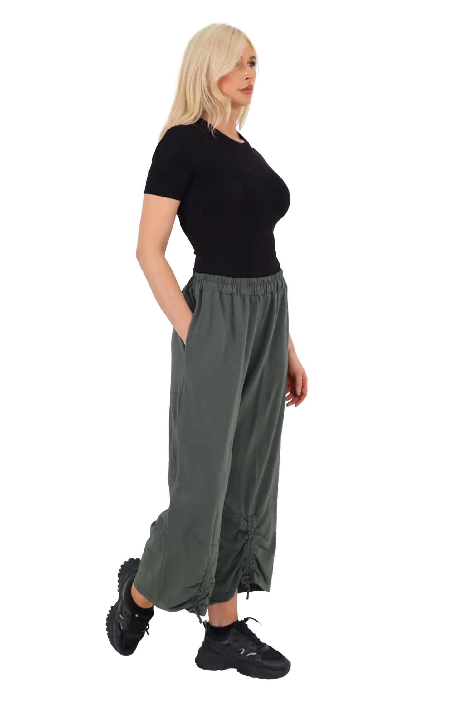 Italian Drawstring Hem Cotton Trousers With Side Pockets - Khaki