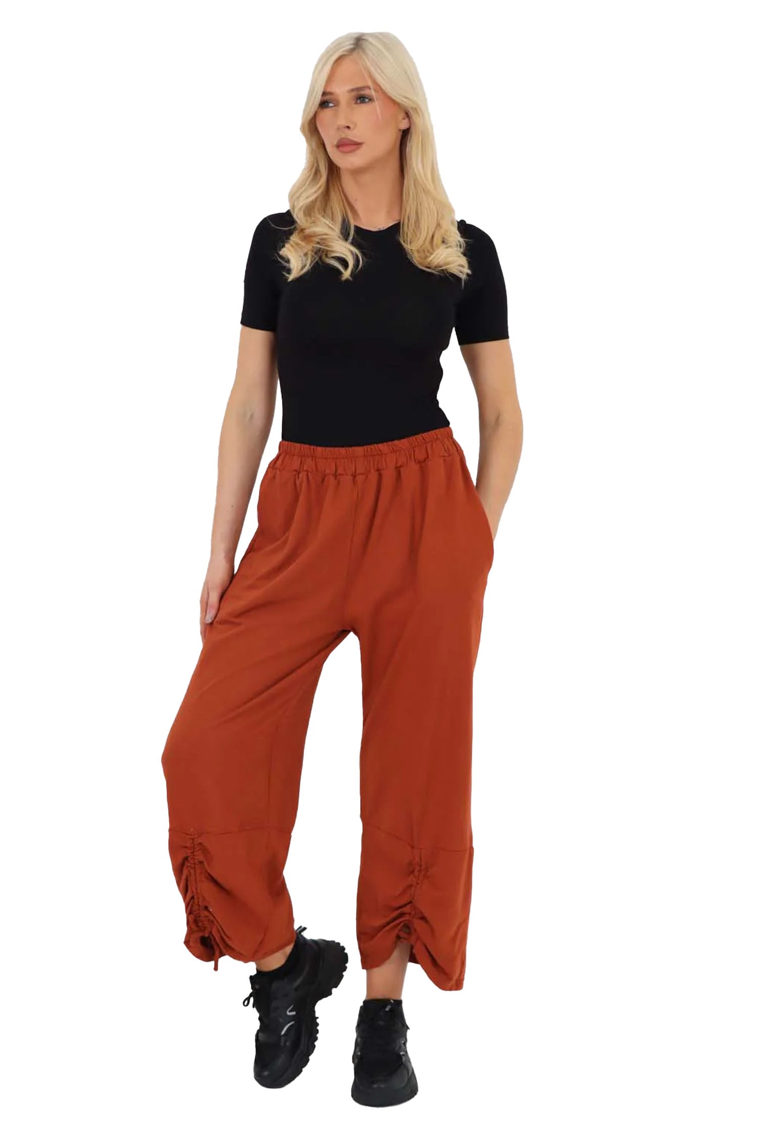 Italian Drawstring Hem Cotton Trousers With Side Pockets - Red