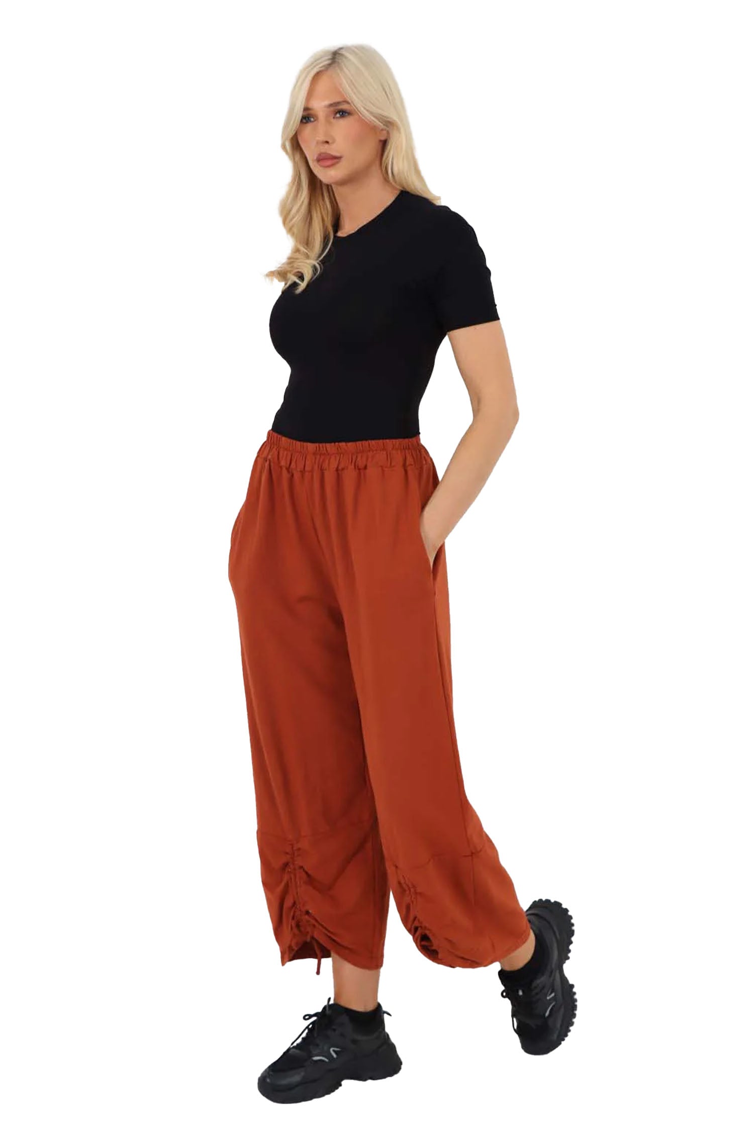 Italian Drawstring Hem Cotton Trousers With Side Pockets - Red