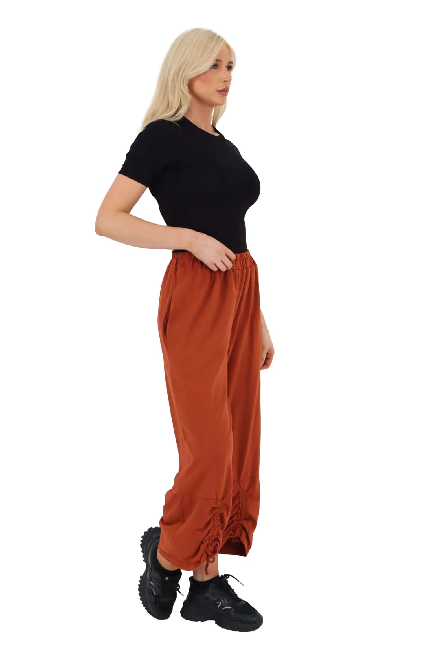 Italian Drawstring Hem Cotton Trousers With Side Pockets - Red