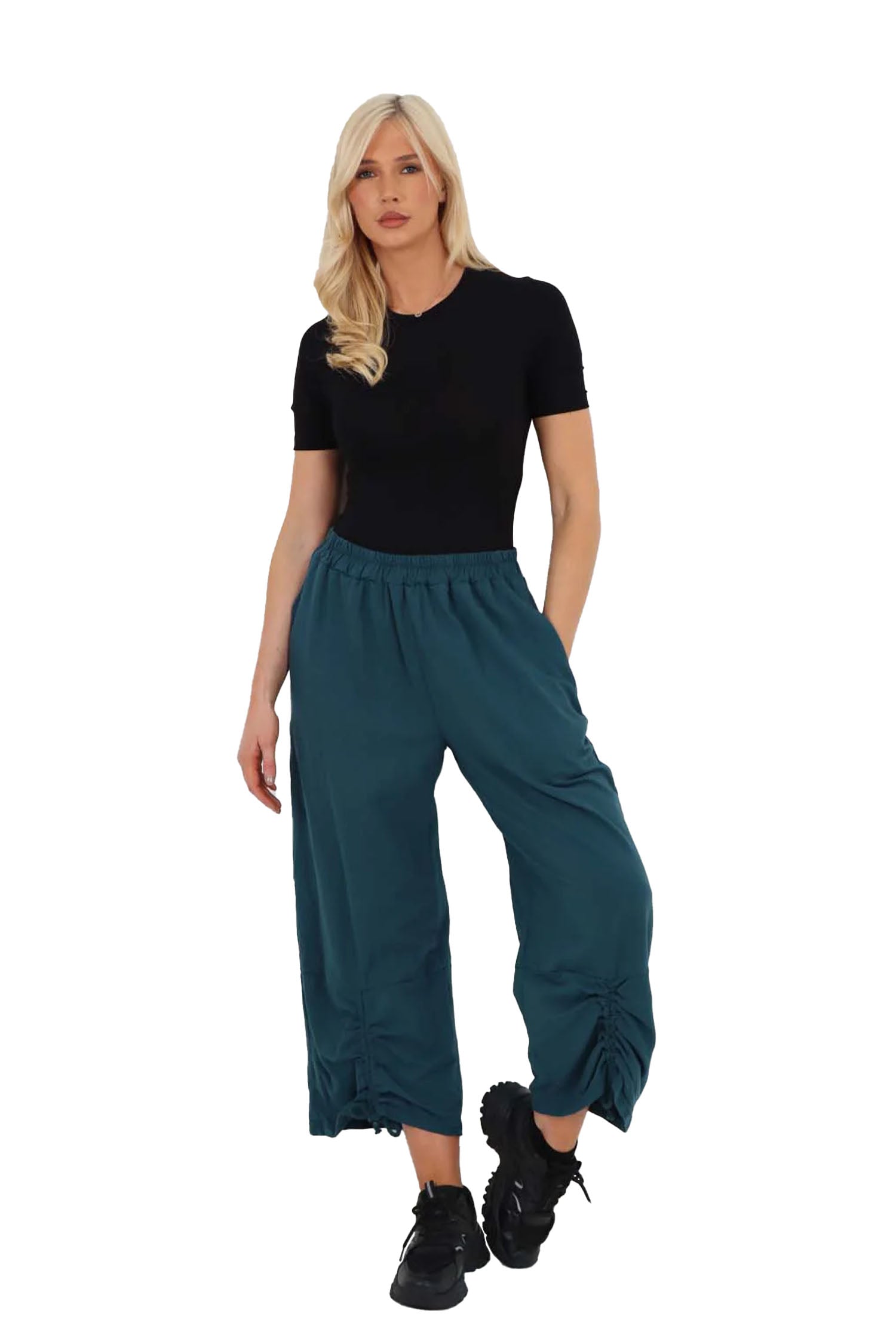 Italian Drawstring Hem Cotton Trousers With Side Pockets - Zinc