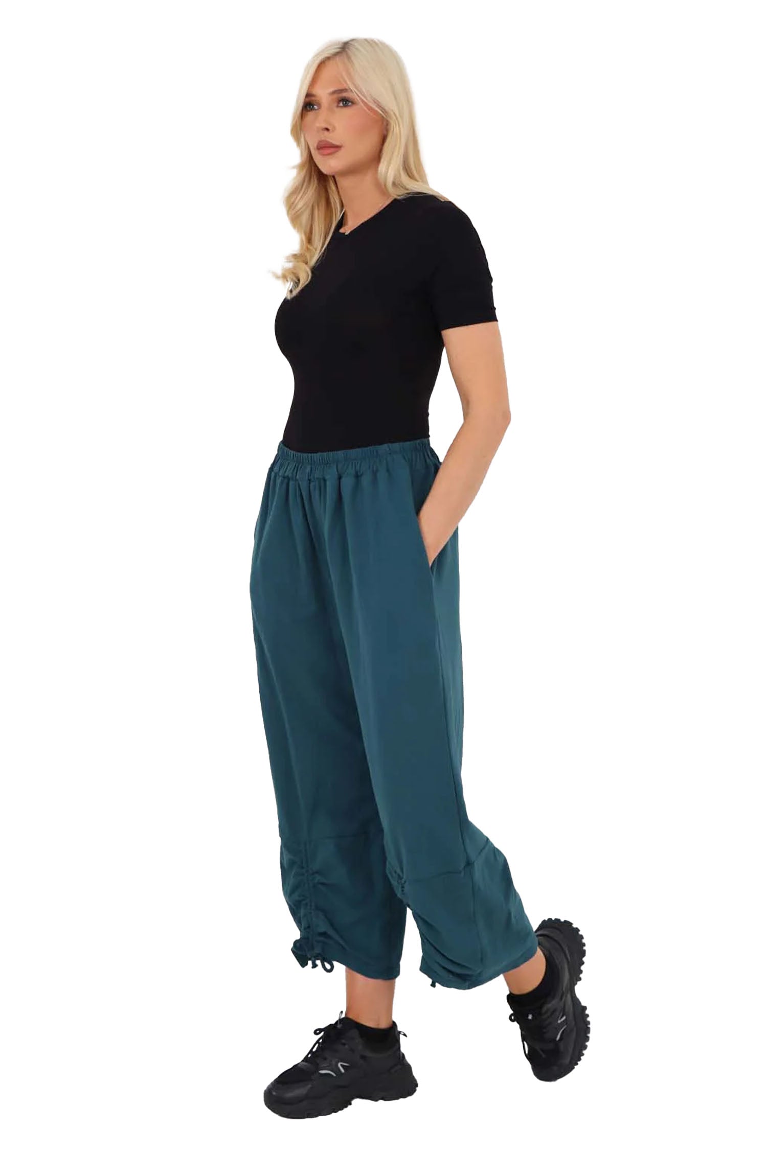 Italian Drawstring Hem Cotton Trousers With Side Pockets - Zinc