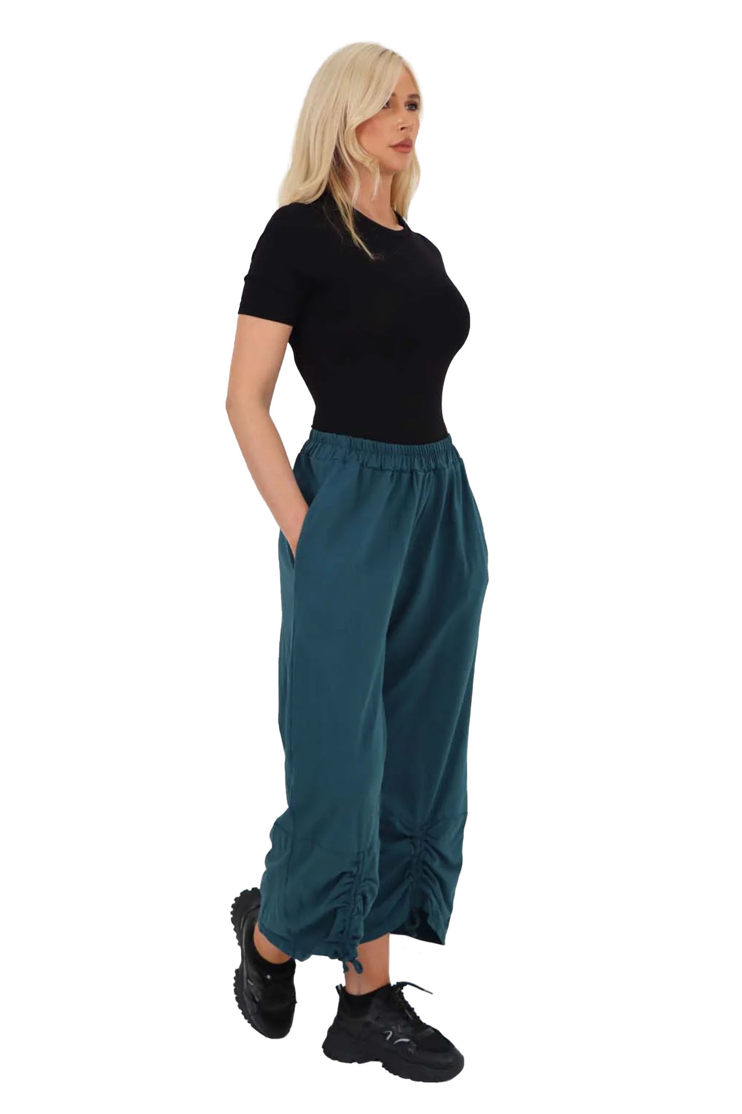 Italian Drawstring Hem Cotton Trousers With Side Pockets - Zinc