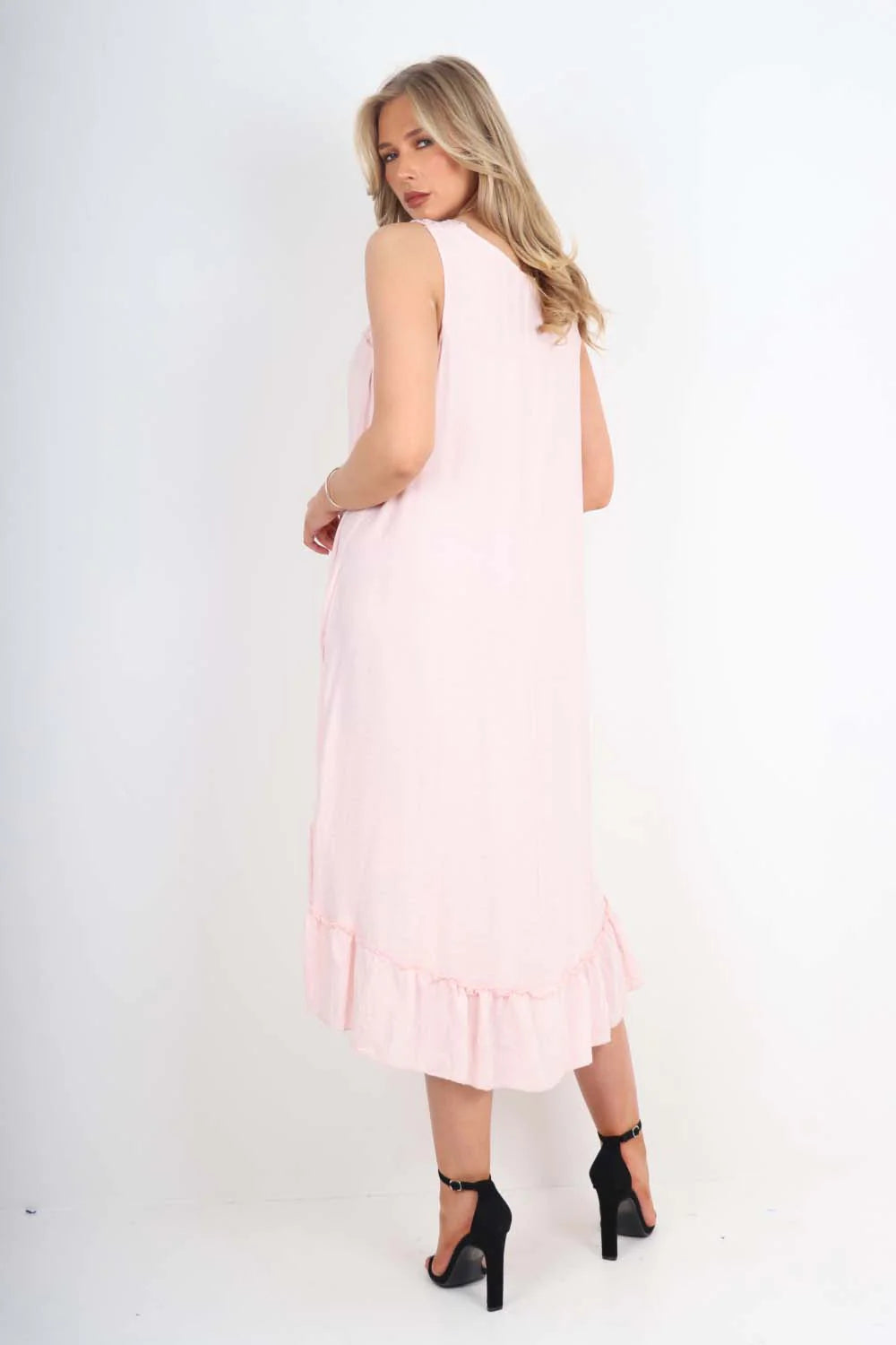 Italian Lace Neckline Dipped Hem Dress - Baby Pink