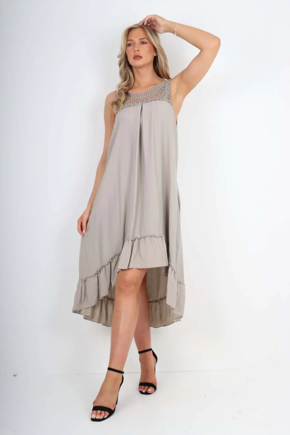 Italian Lace Neckline Dipped Hem Dress - Charcoal