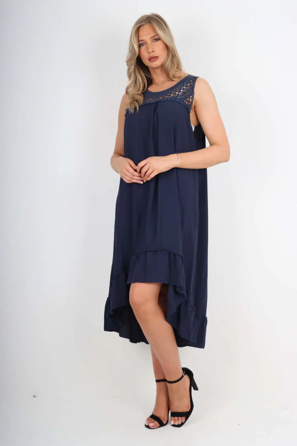 Italian Lace Neckline Dipped Hem Dress - Denim Blue