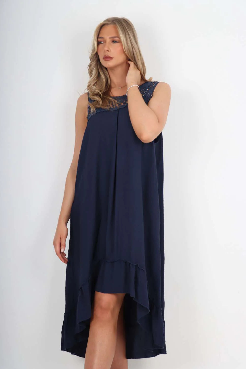 Italian Lace Neckline Dipped Hem Dress - Denim Blue