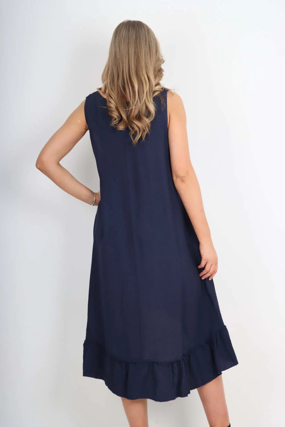 Italian Lace Neckline Dipped Hem Dress - Denim Blue