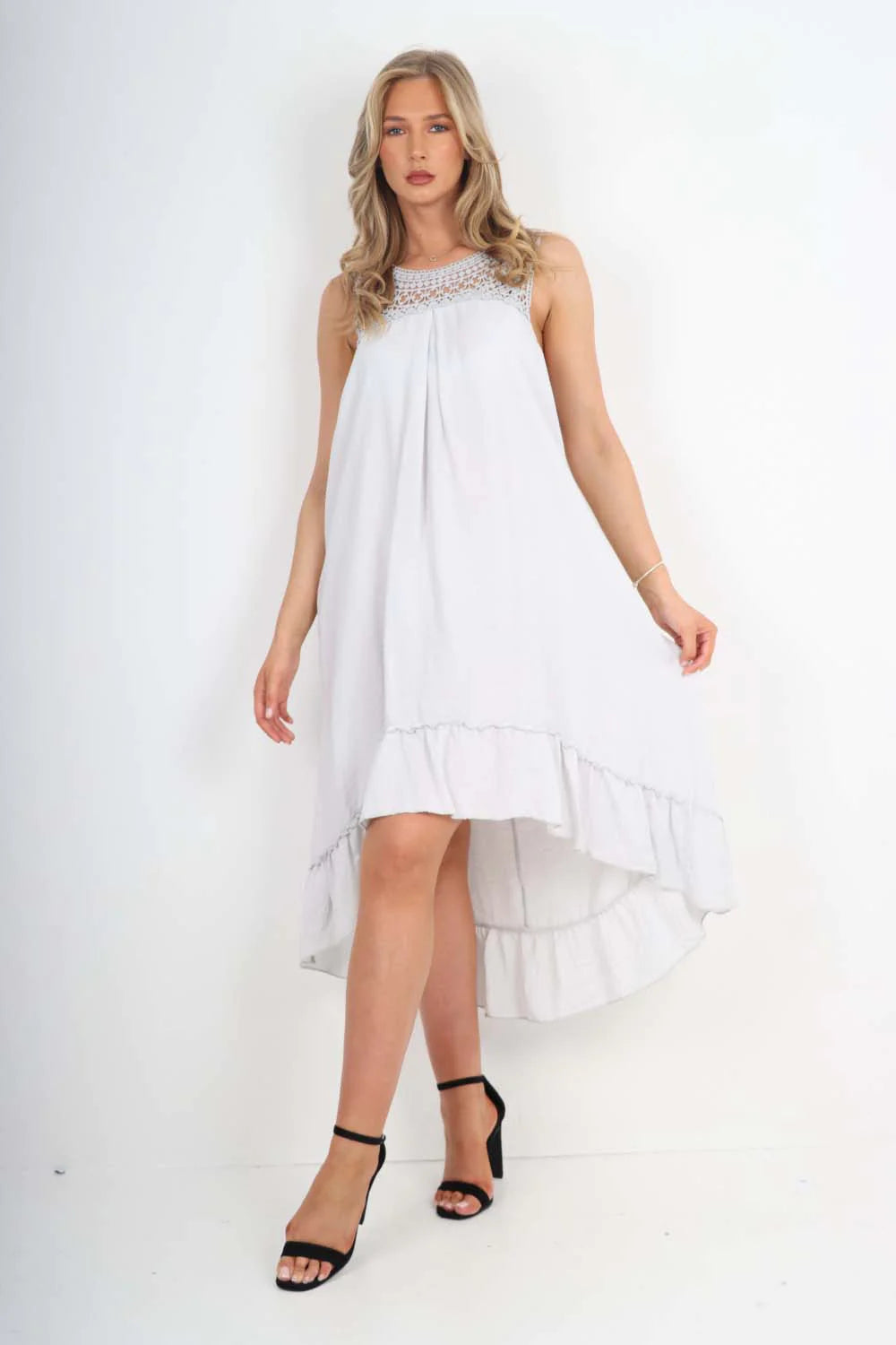 Italian Lace Neckline Dipped Hem Dress - Grey