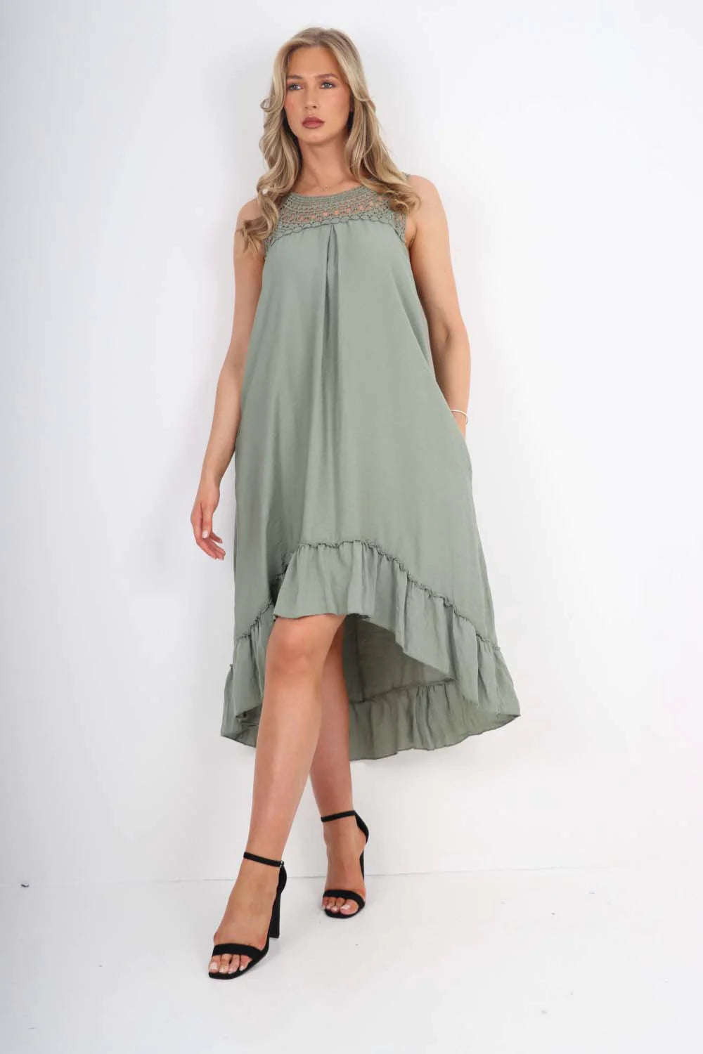 Italian Lace Neckline Dipped Hem Dress - Khaki