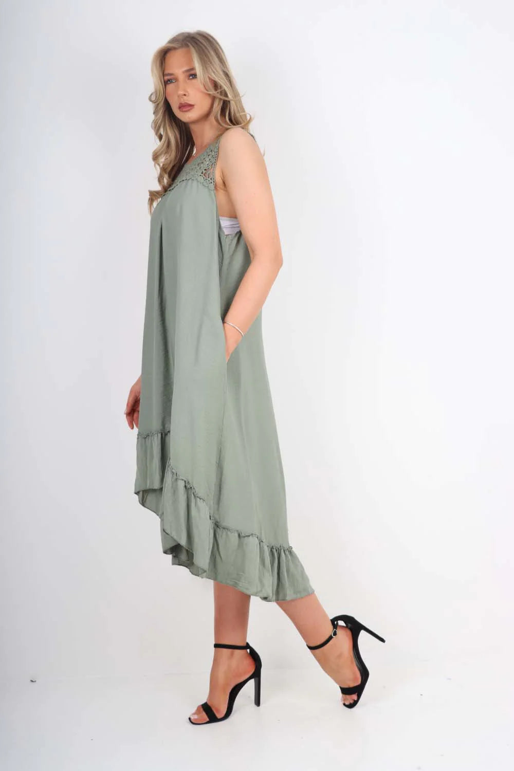 Italian Lace Neckline Dipped Hem Dress - Khaki