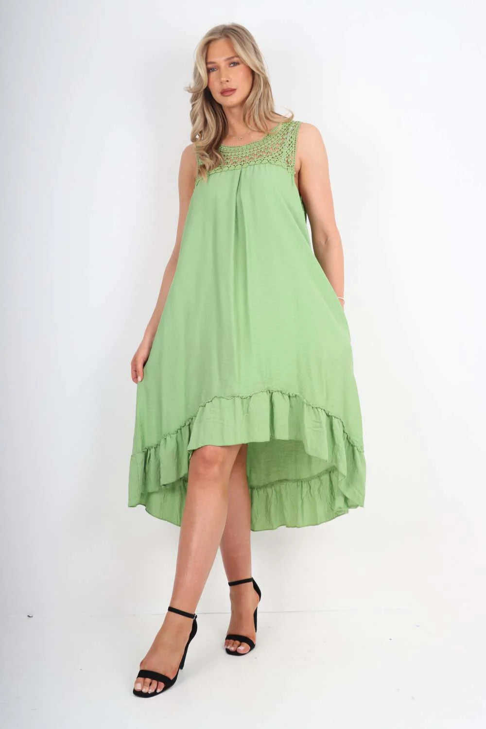 Italian Lace Neckline Dipped Hem Dress - Mint Green