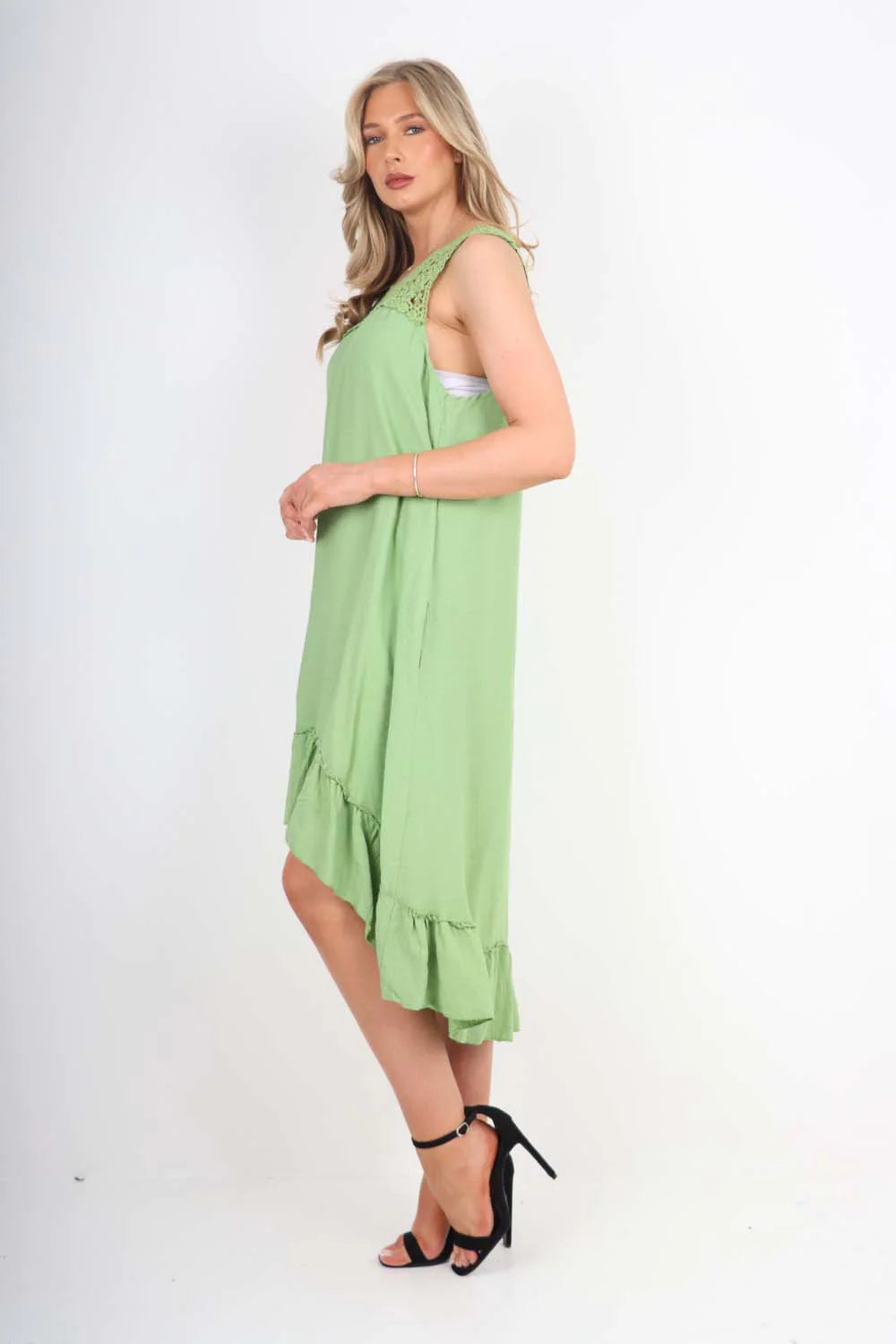 Italian Lace Neckline Dipped Hem Dress - Mint Green