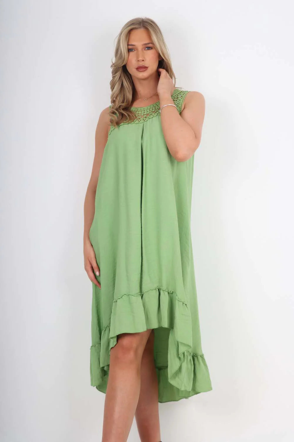 Italian Lace Neckline Dipped Hem Dress - Mint Green