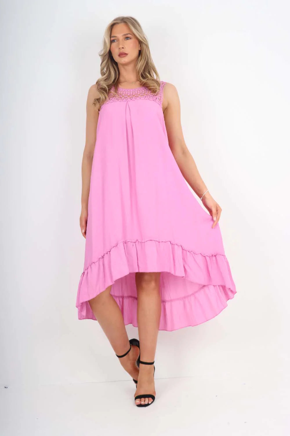 Italian Lace Neckline Dipped Hem Dress - Pink