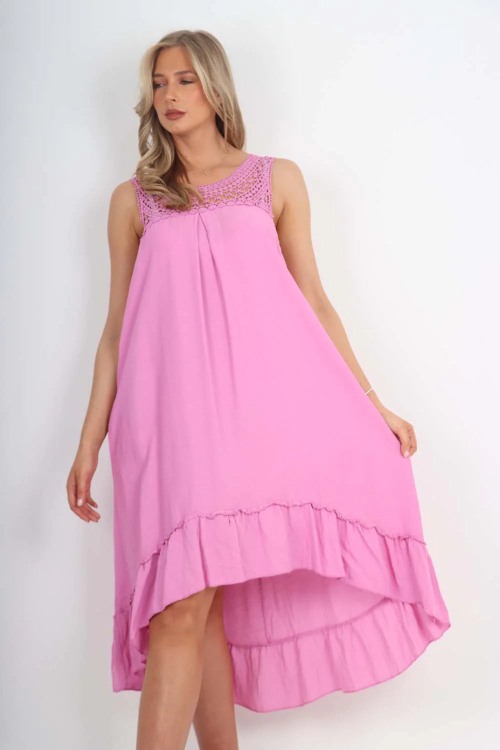 Italian Lace Neckline Dipped Hem Dress - Pink