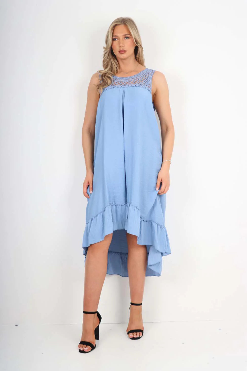 Italian Lace Neckline Dipped Hem Dress - Sky Blue