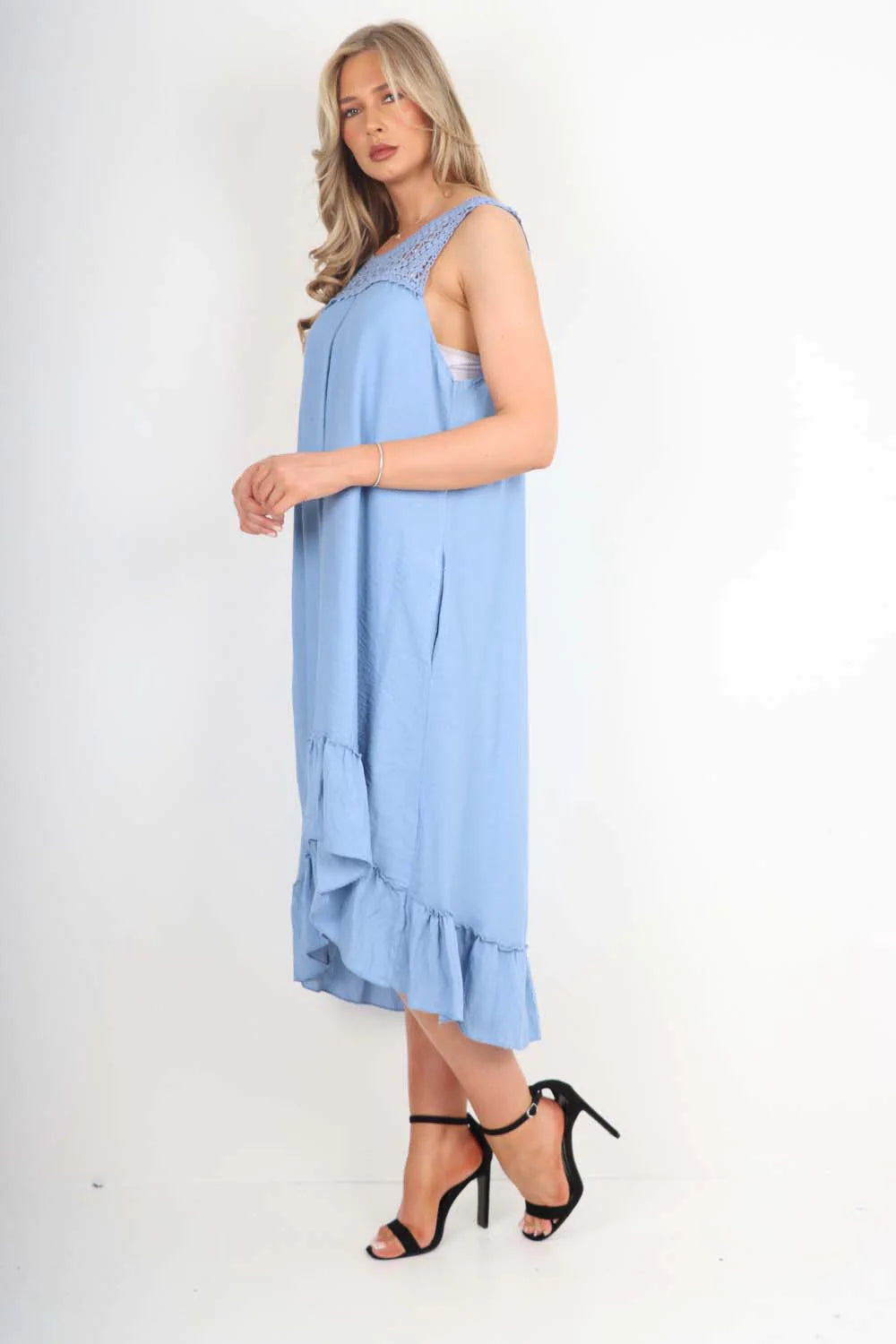 Italian Lace Neckline Dipped Hem Dress - Sky Blue