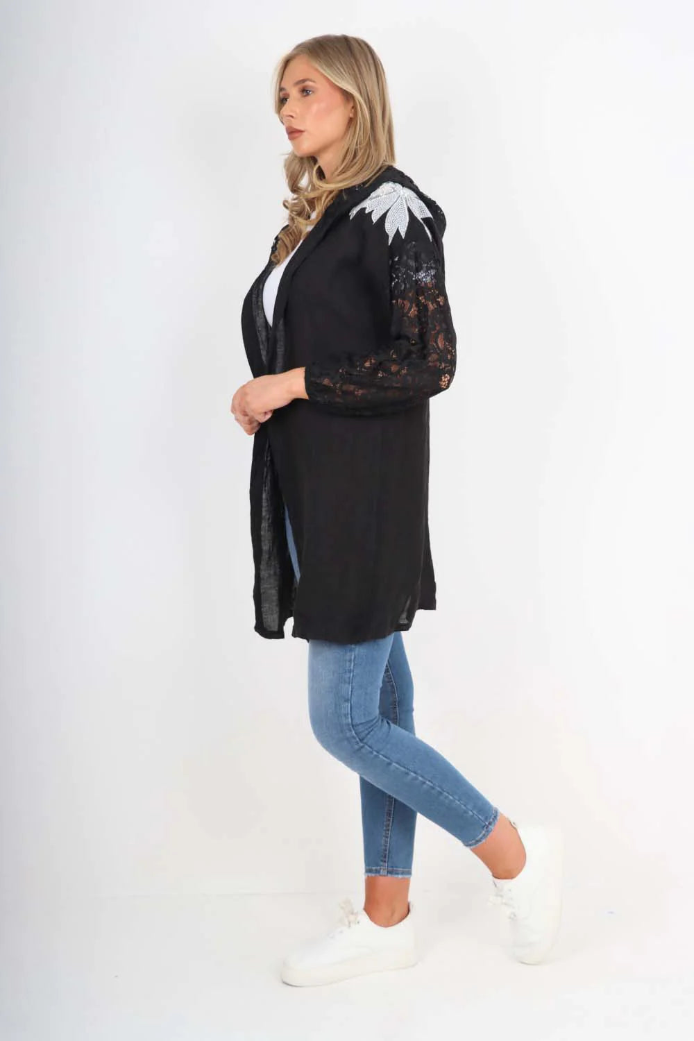 Italian Lace Sleeve Hooded Long Cardigan - Black