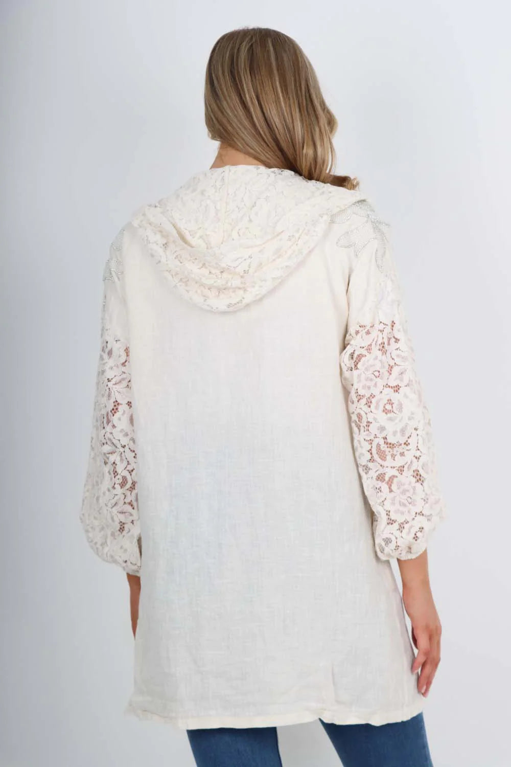 Italian Lace Sleeve Hooded Long Cardigan - Cream