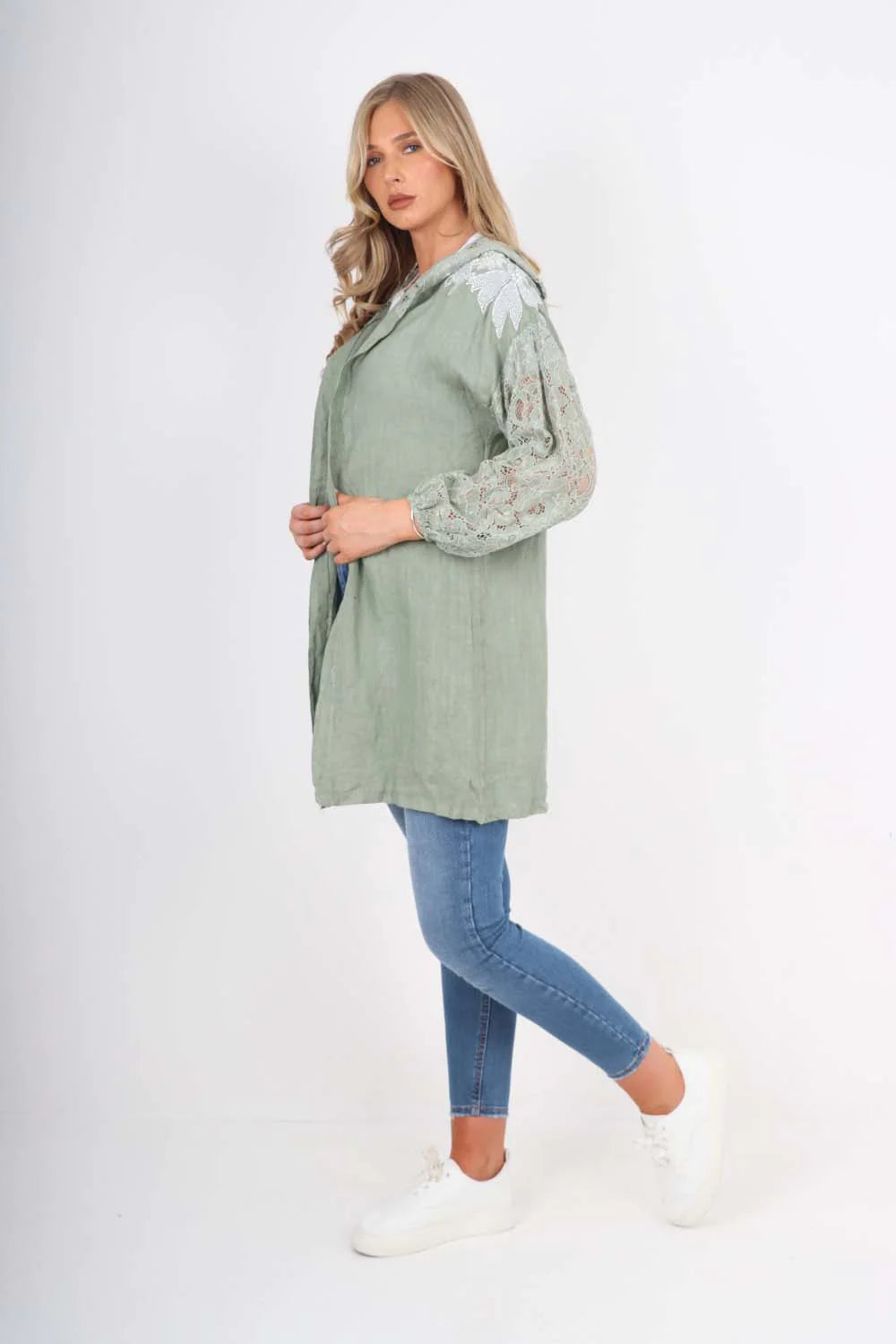 Italian Lace Sleeve Hooded Long Cardigan - Khaki