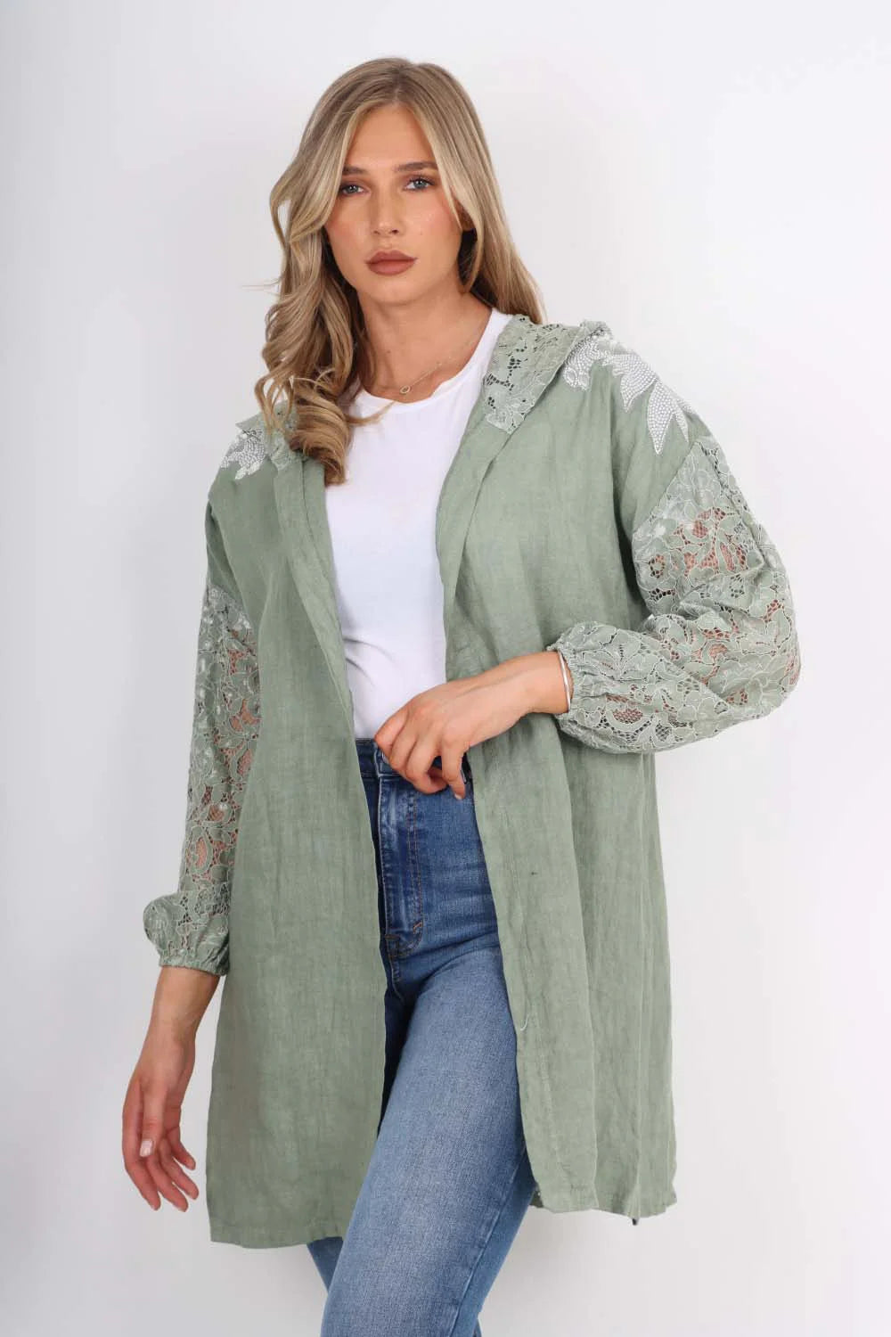 Italian Lace Sleeve Hooded Long Cardigan - Khaki