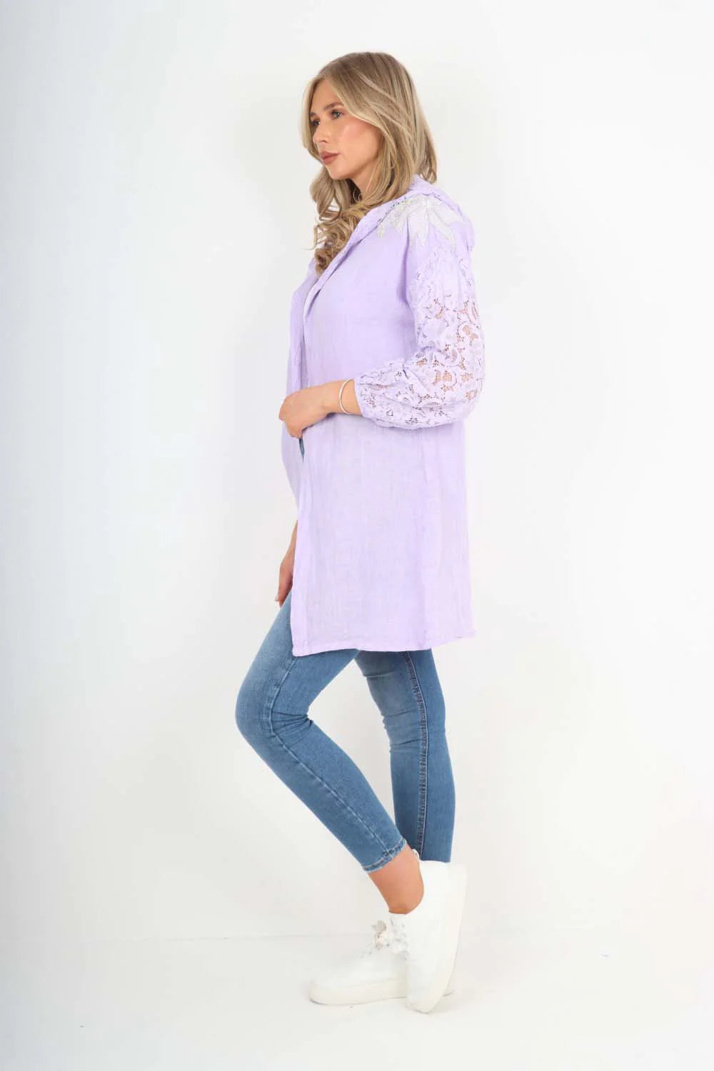 Italian Lace Sleeve Hooded Long Cardigan - Lilac